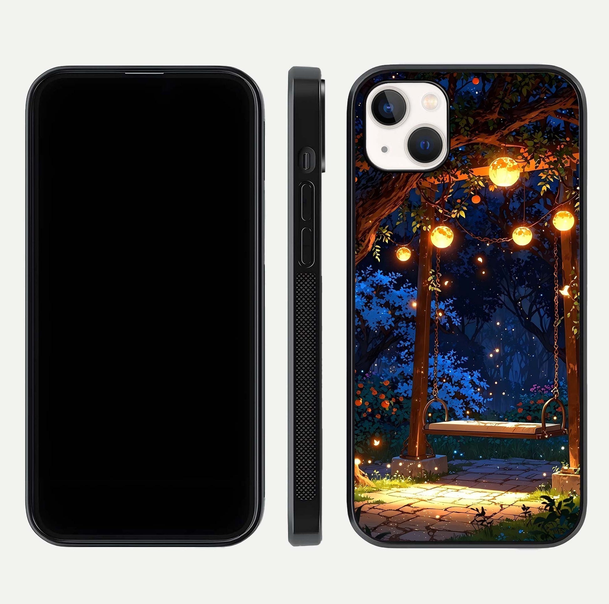 Twilight Garden Swing Glass Case for iPhone 14 Plus front & back layout showing garden art and clean edge