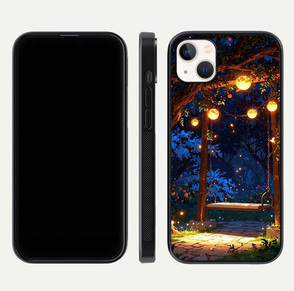 Twilight Garden Swing Glass Case for iPhone 14 Plus front & back layout showing garden art and clean edge