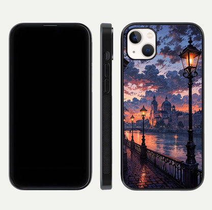 Twilight River Lights Glass Case for iPhone 16 Pro front & back layout showing scenic artwork and smooth curved edges