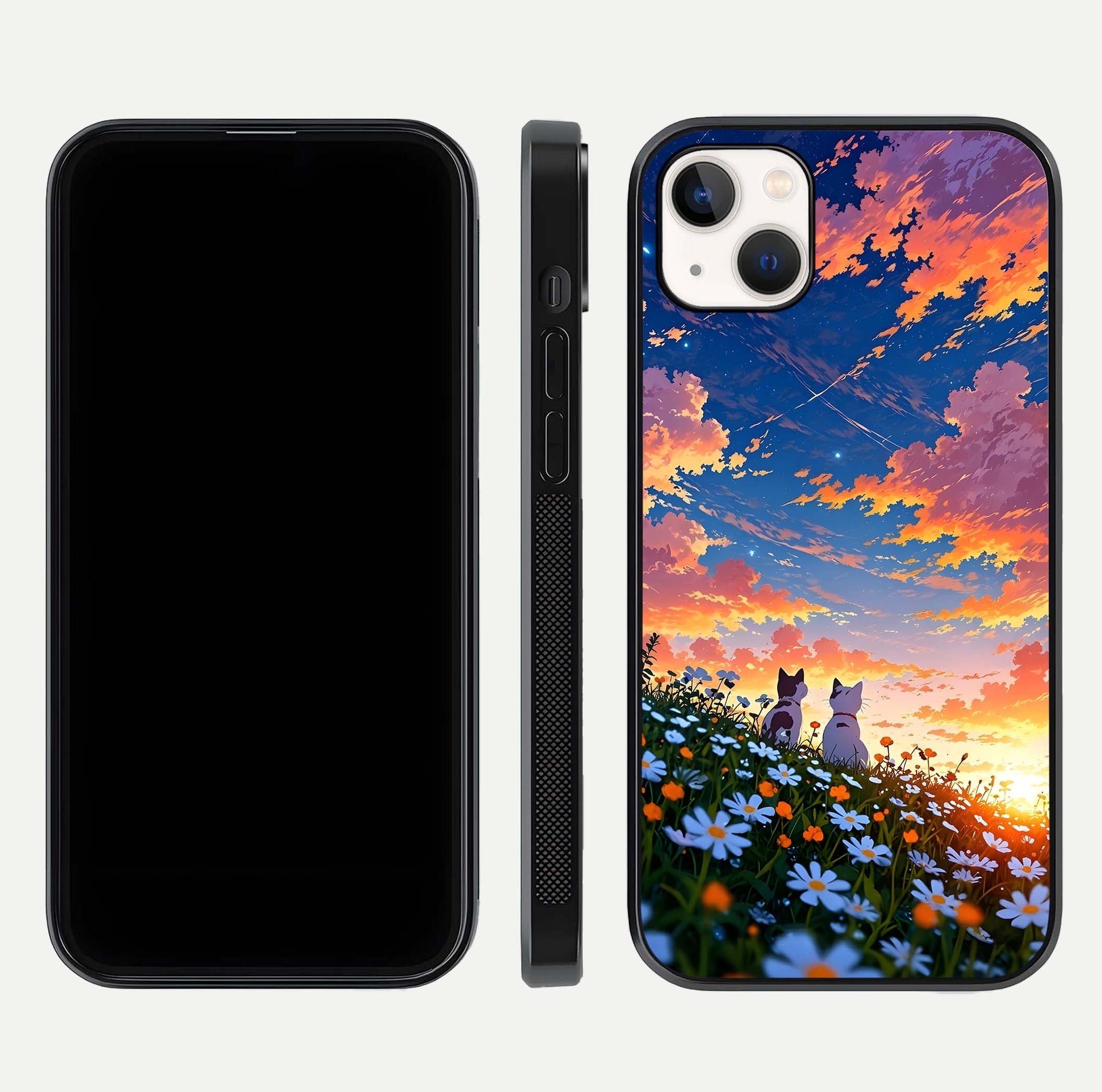 Two Cats Friends Glass Case for iPhone 14 Plus front & back layout showing friendly cat theme and edge design