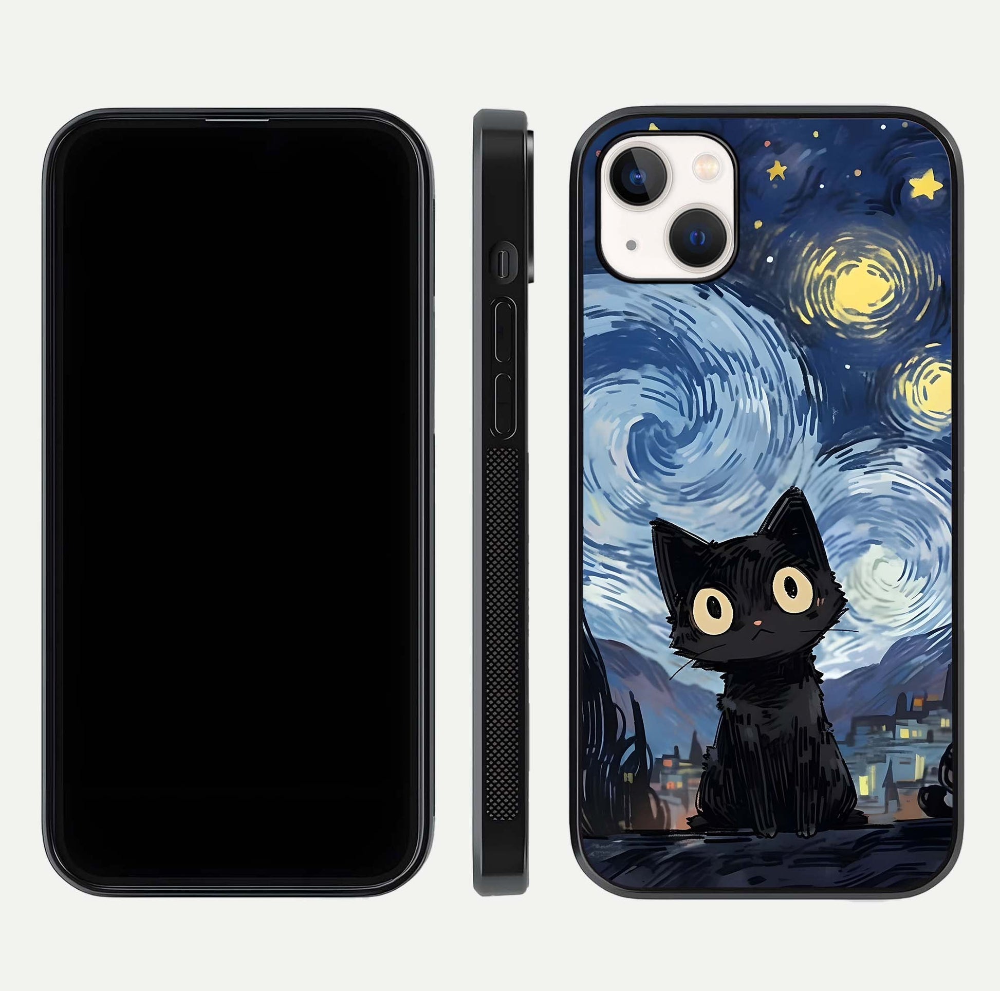 Van Gogh Cat Glass Case for iPhone 14 Plus front & back layout showing detailed art print and curved glass edges