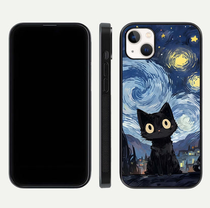 Van Gogh Cat Glass Case for iPhone 14 Plus front & back layout showing detailed art print and curved glass edges