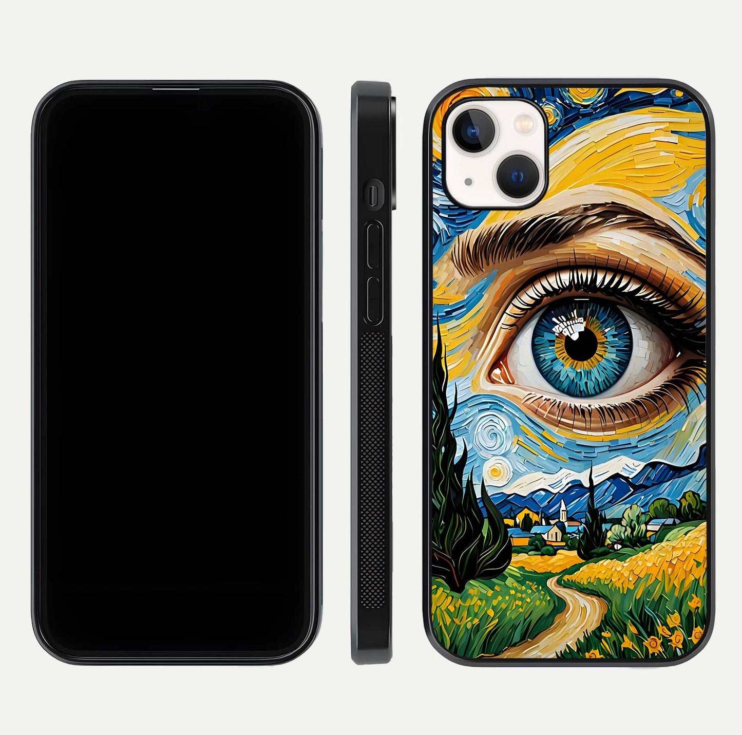 Van Gogh Eye Glass Case for iPhone 16 Pro front & back layout showing brushstroke detail and smooth finish