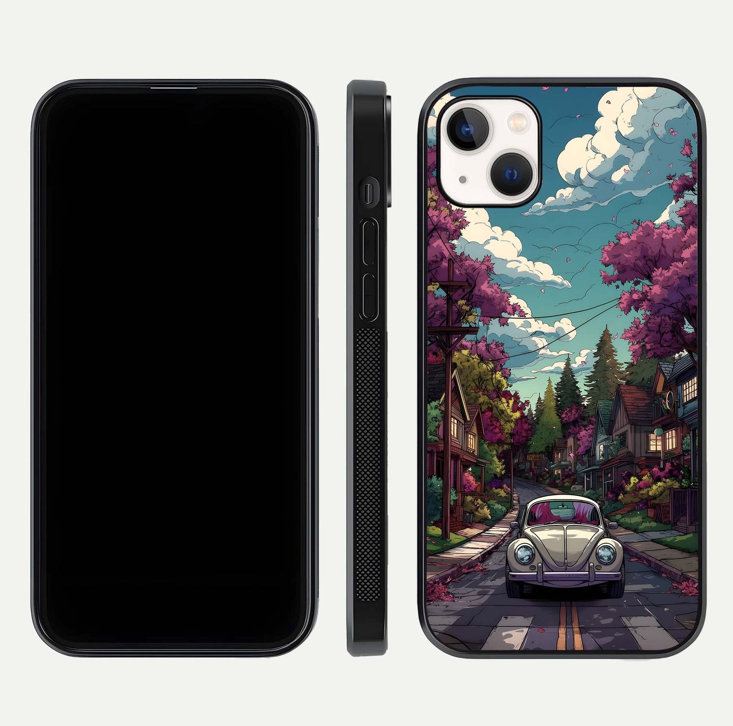 Vintage Street Drive Glass Case for iPhone 14 Plus front & back layout showing retro street scene and edges