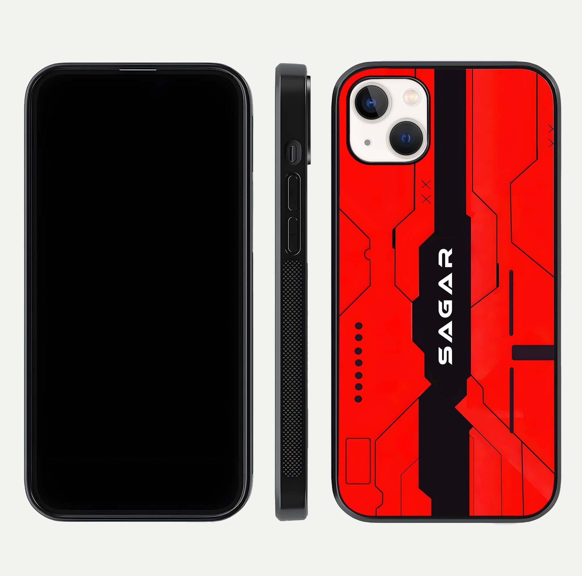 Voltage Rise CYBERPUNK Custom Name Glass Case for iPhone 14 Plus front & back layout showing futuristic tones and sleek edge