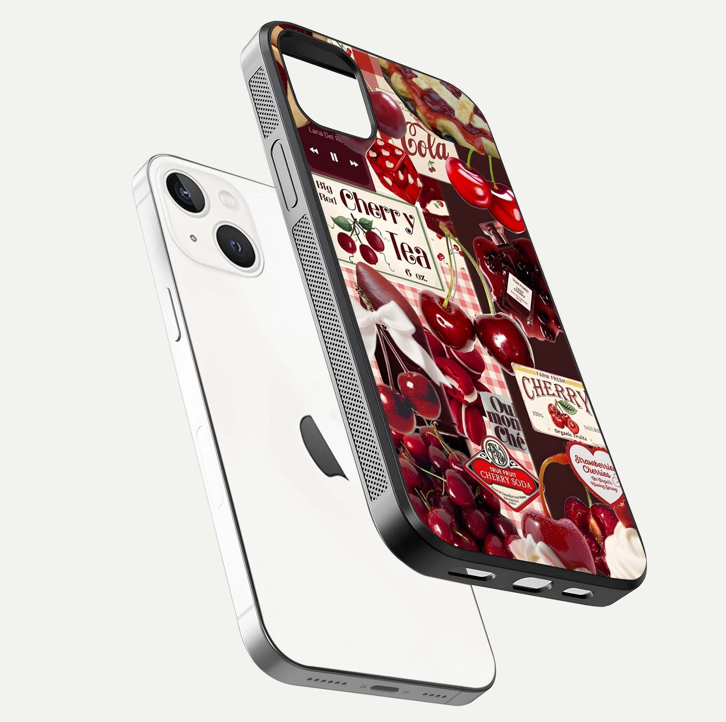 Aesthetic Cherry Tea Glass Case for iPhone 16 Pro floating dual-view mockup showing edge design and detailed cherry pattern gloss texture