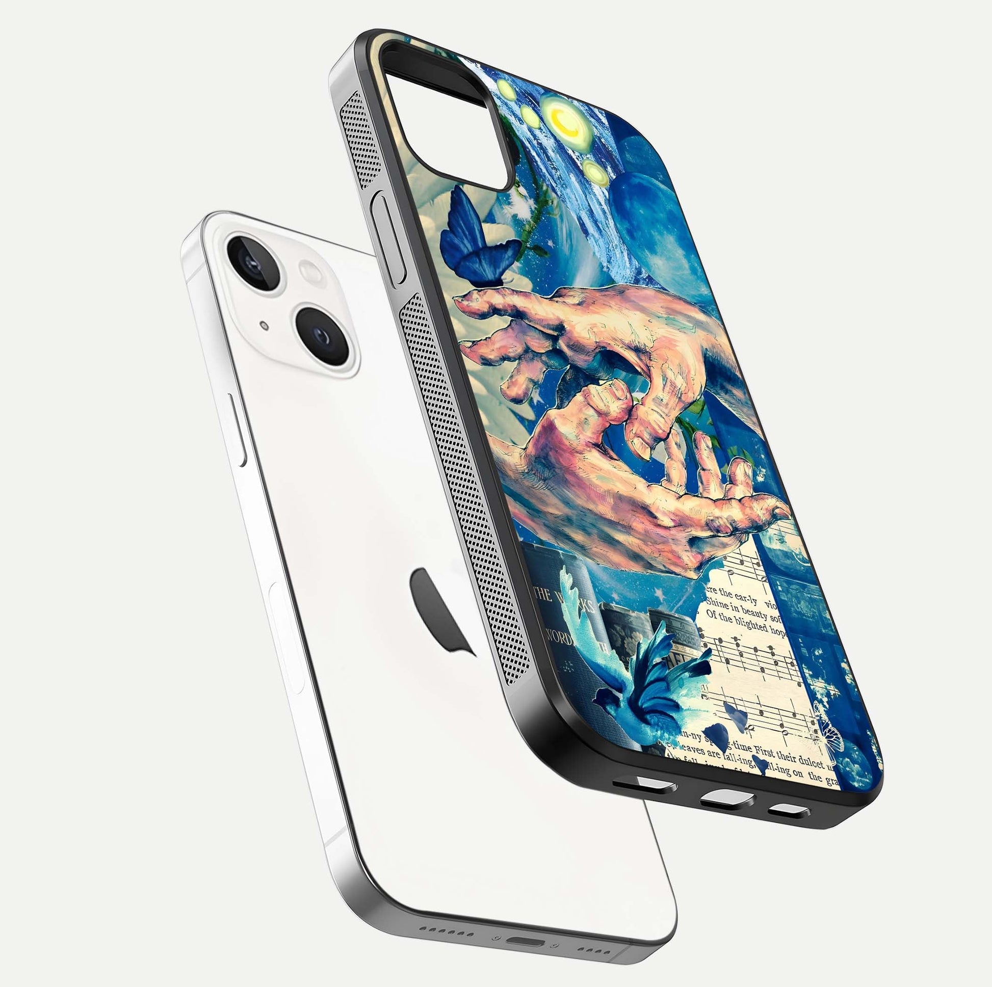 Aesthetic Divider Glass Case for iPhone 16 Pro floating dual-view mockup showing edge design and detailed divider gloss texture
