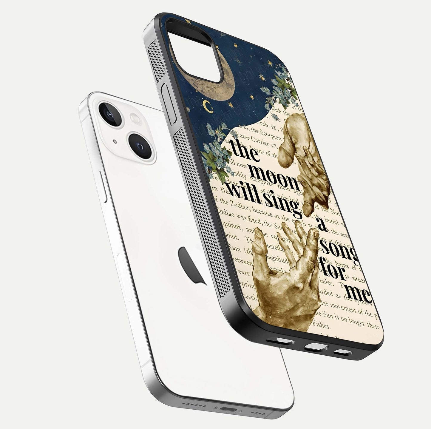 Aesthetic Divine Glass Case for iPhone 16 Pro floating dual-view mockup showing edge design and divine art gloss texture