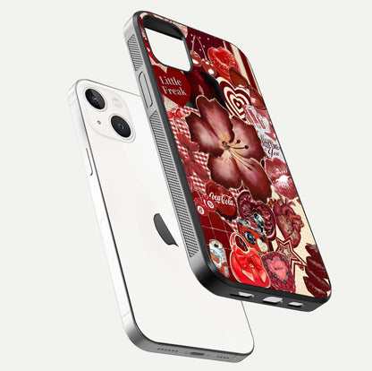 Aesthetic Little Freak Glass Case for iPhone 16 Pro floating dual-view mockup showing edge design and detailed collage gloss texture