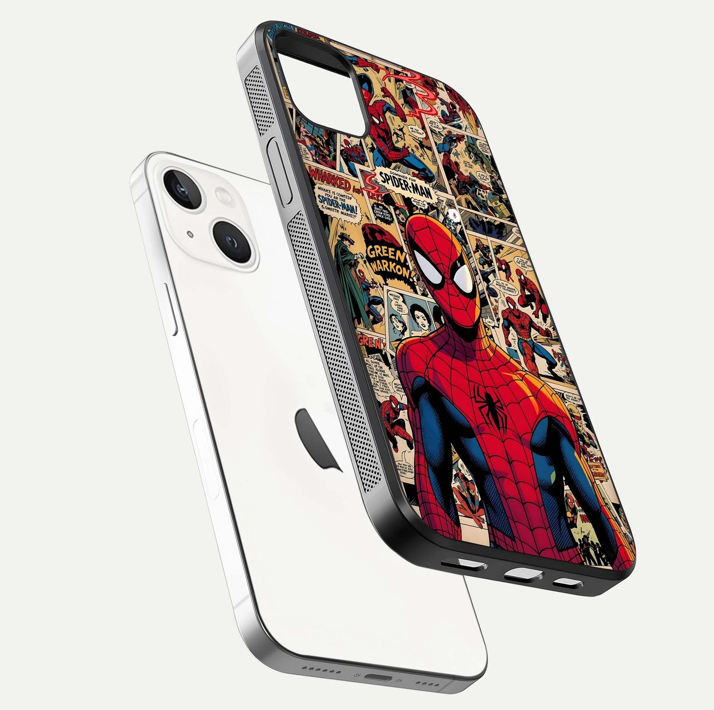 Aesthetic Spider Man Glass Case for iPhone 16 Pro floating dual-view mockup showing edge design and detailed Spider-Man gloss texture