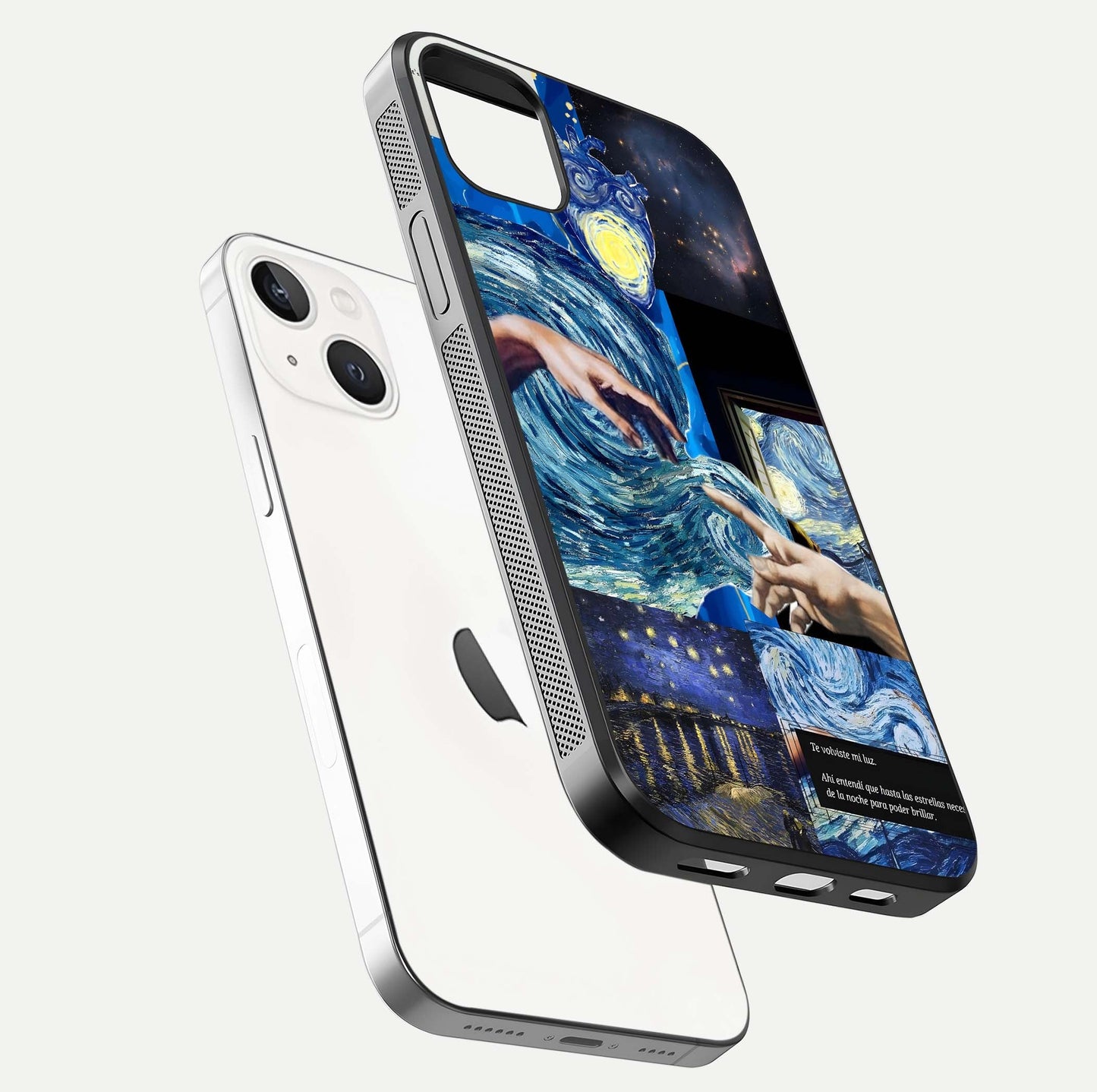 Aesthetic Vando Hands Glass Case for iPhone 16 Pro floating dual-view mockup showing slim edge profile and high-definition gloss