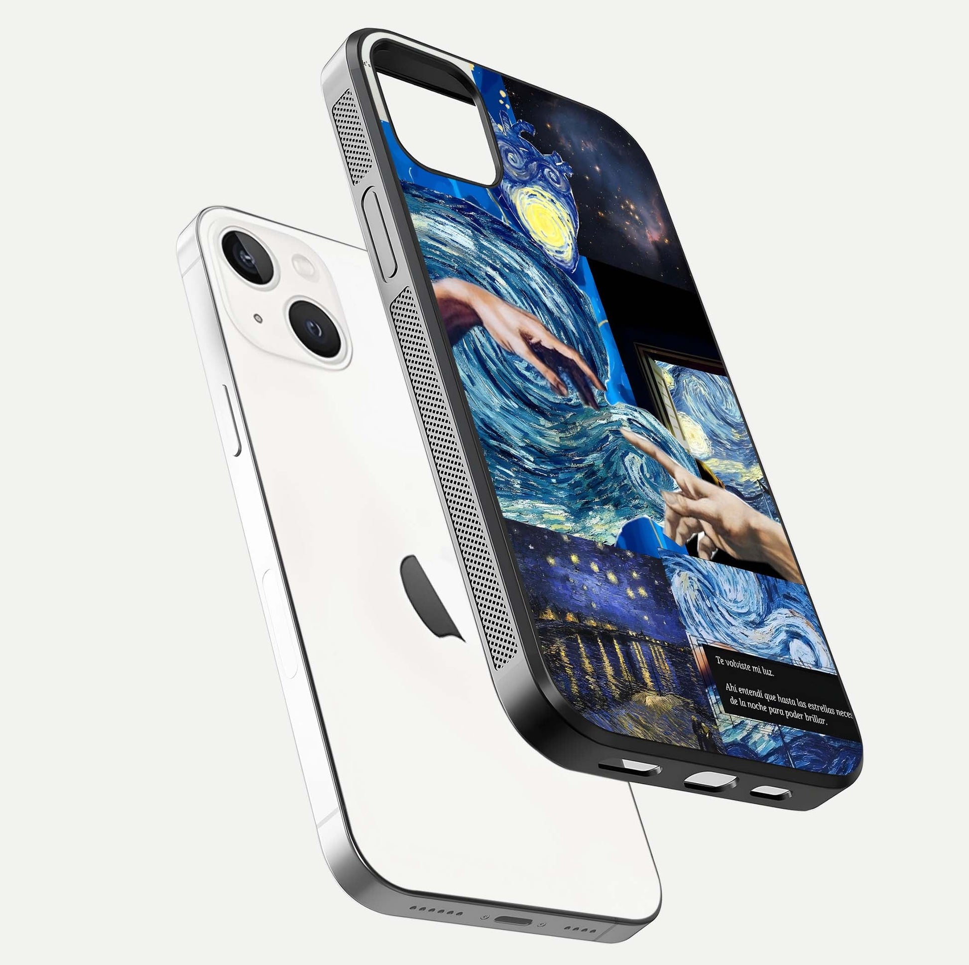 Aesthetic Vando Hands Glass Case for iPhone 16 Pro floating dual-view mockup showing slim edge profile and high-definition gloss