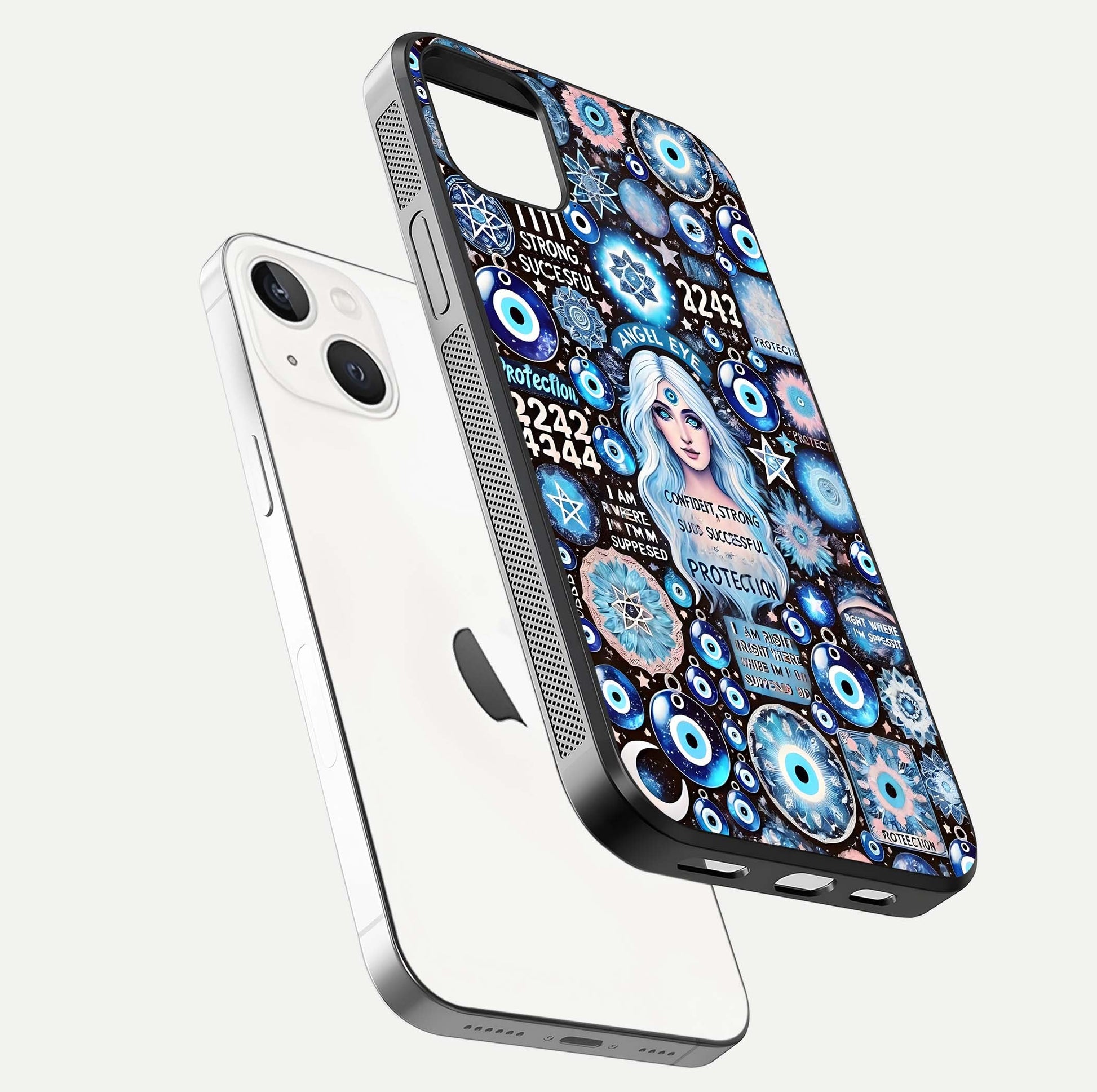 Angel Aura Shield Glass Case for iPhone 16 Pro floating angle showing light reflection and protective edge structure