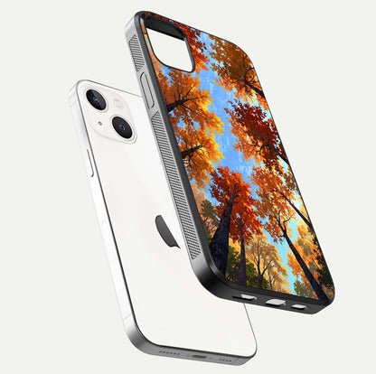 Autumn Sky Rise Glass Case for iPhone 16 Pro floating dual-view mockup with sky horizon and glossy highlights