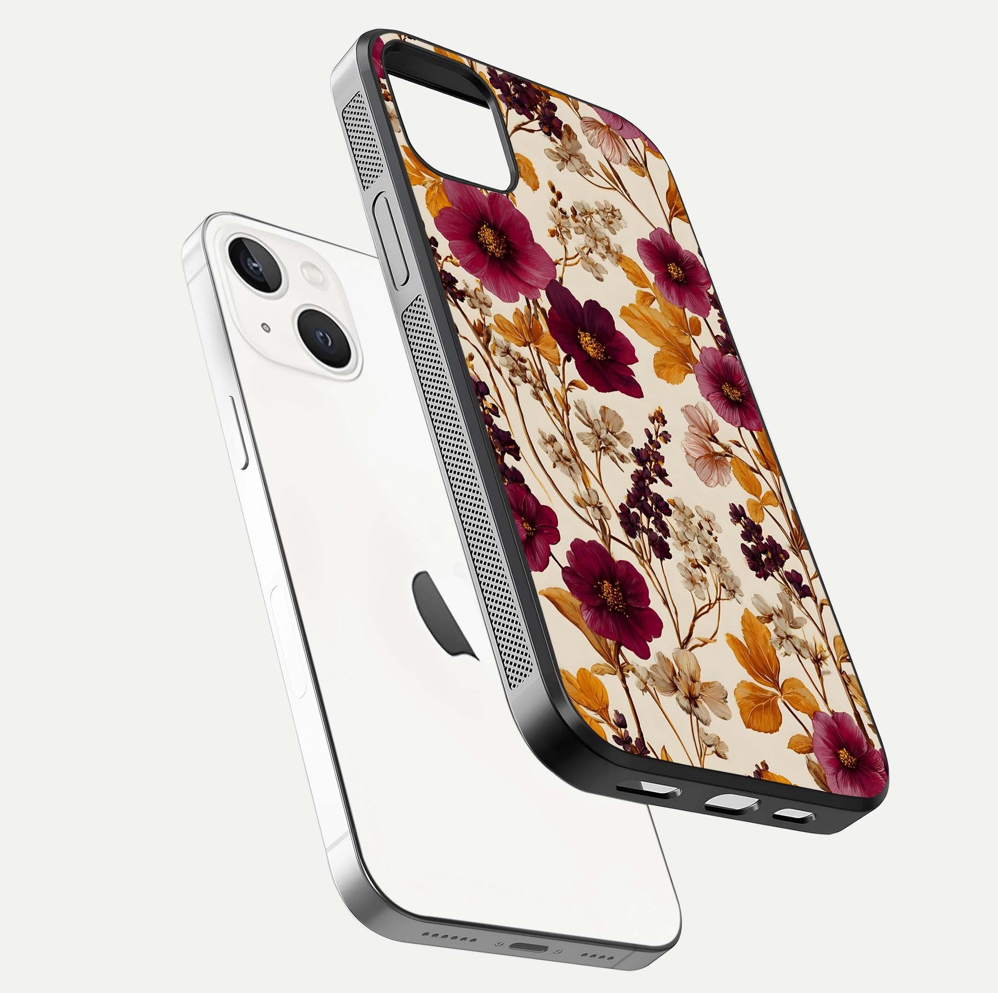 Autumn Wine Bloom Glass Case for iPhone 16 Pro floating mockup with premium floral gradient and protection edge