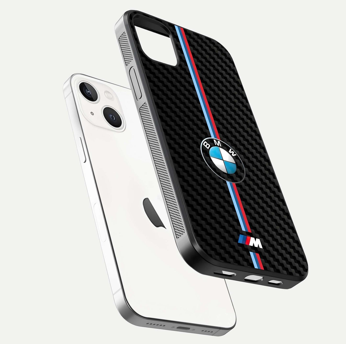 BMW Pattern Glass Case for iPhone 14 Plus floating mockup highlighting clean lines and metallic accent reflection