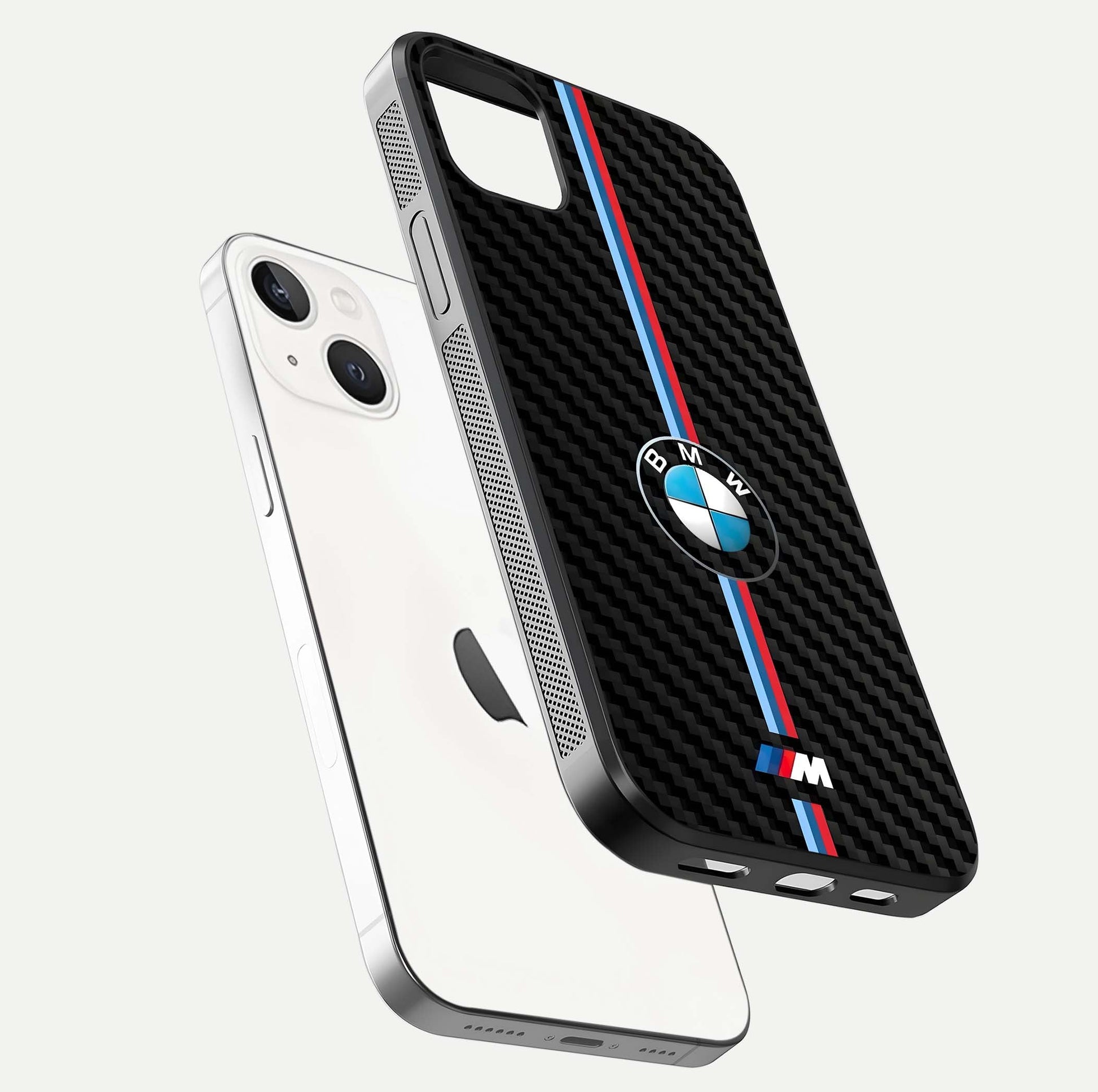 BMW Pattern Glass Case for iPhone 14 Plus floating mockup highlighting clean lines and metallic accent reflection