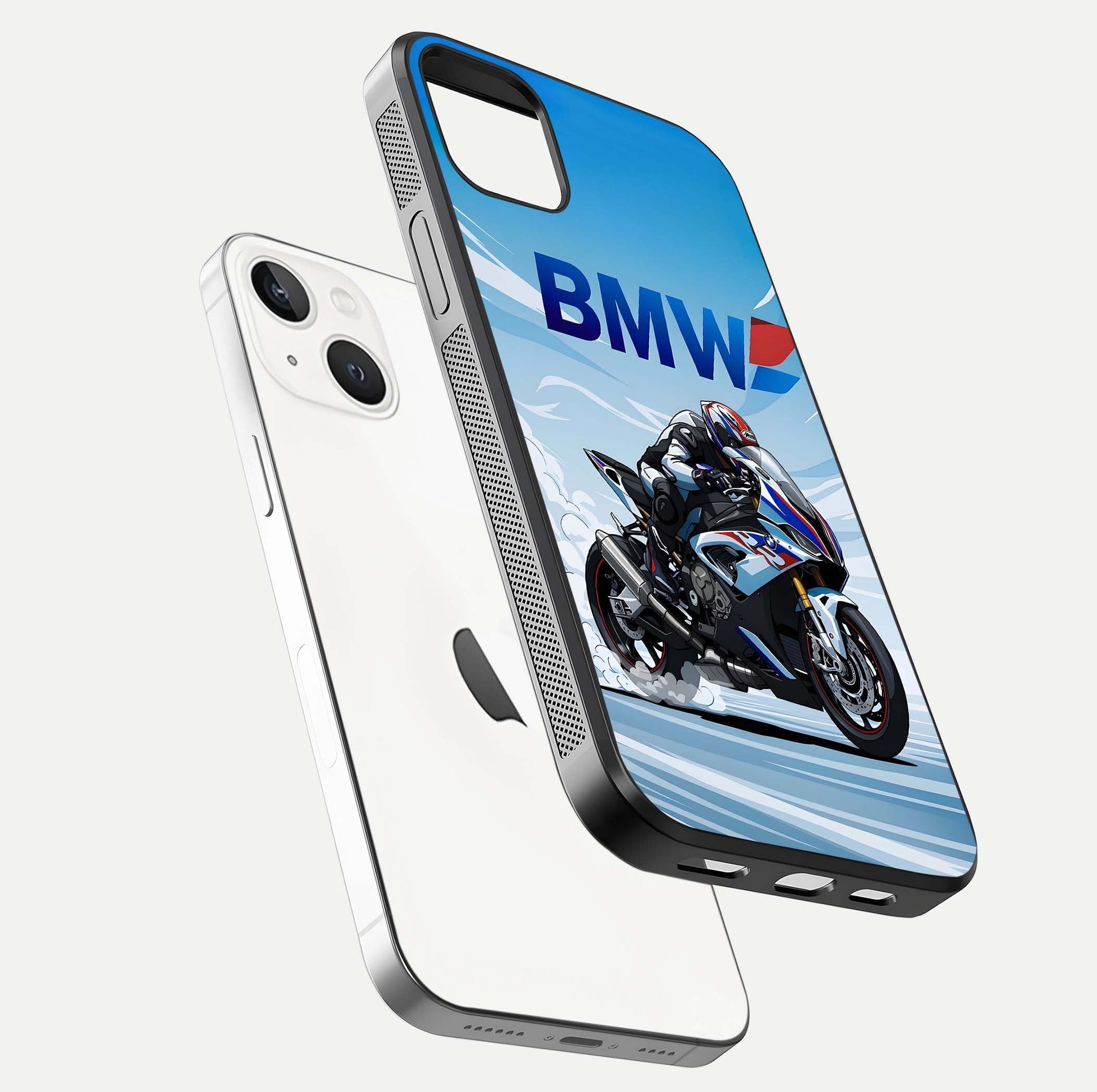 BMW Power Drift Glass Case for iPhone 14 Plus floating mockup displaying bold drift artwork and glossy polish