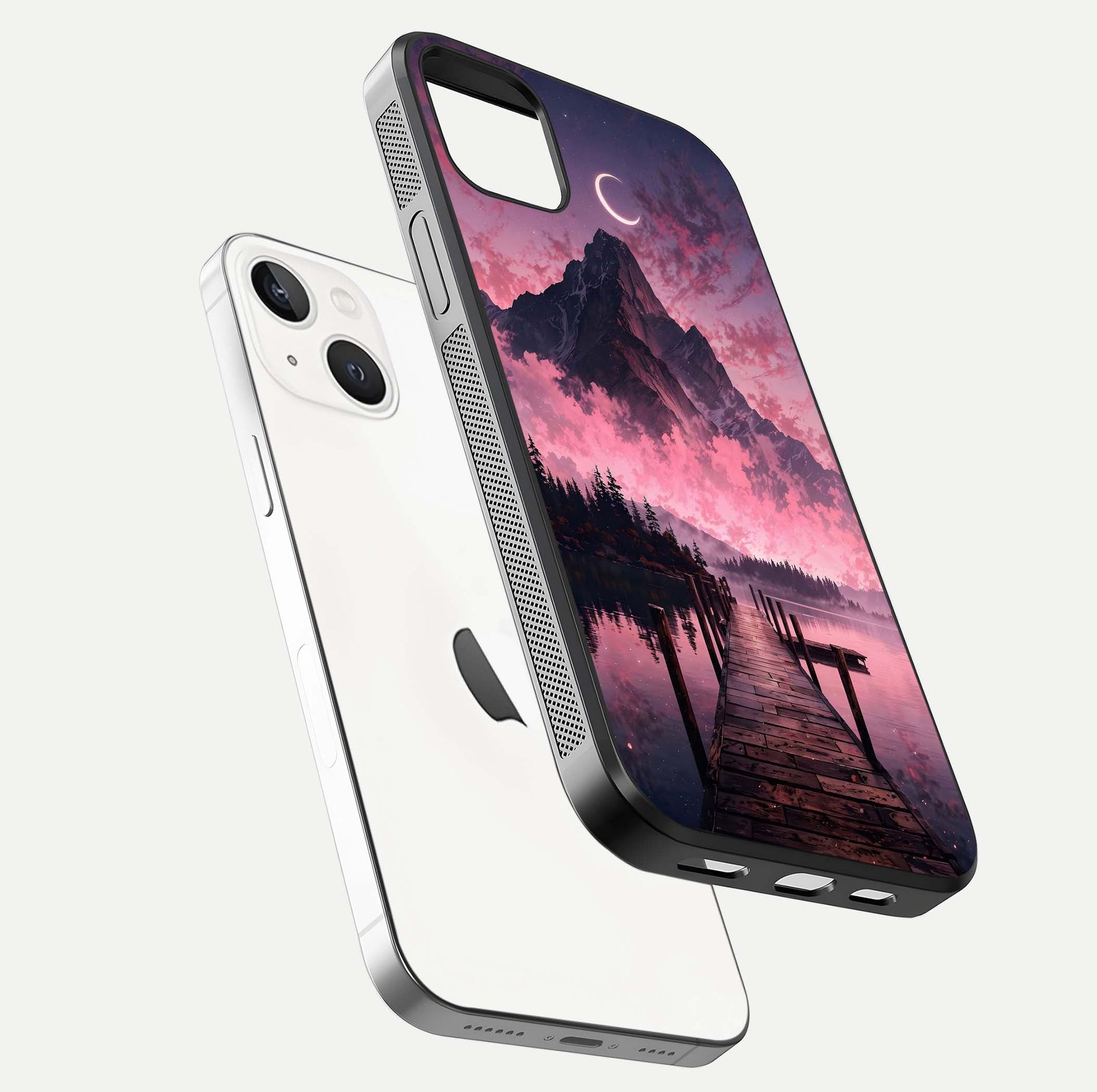 Beautyful Mountain View Glass Case for iPhone 16 Pro floating dual mockup showing edges and reflective sky print