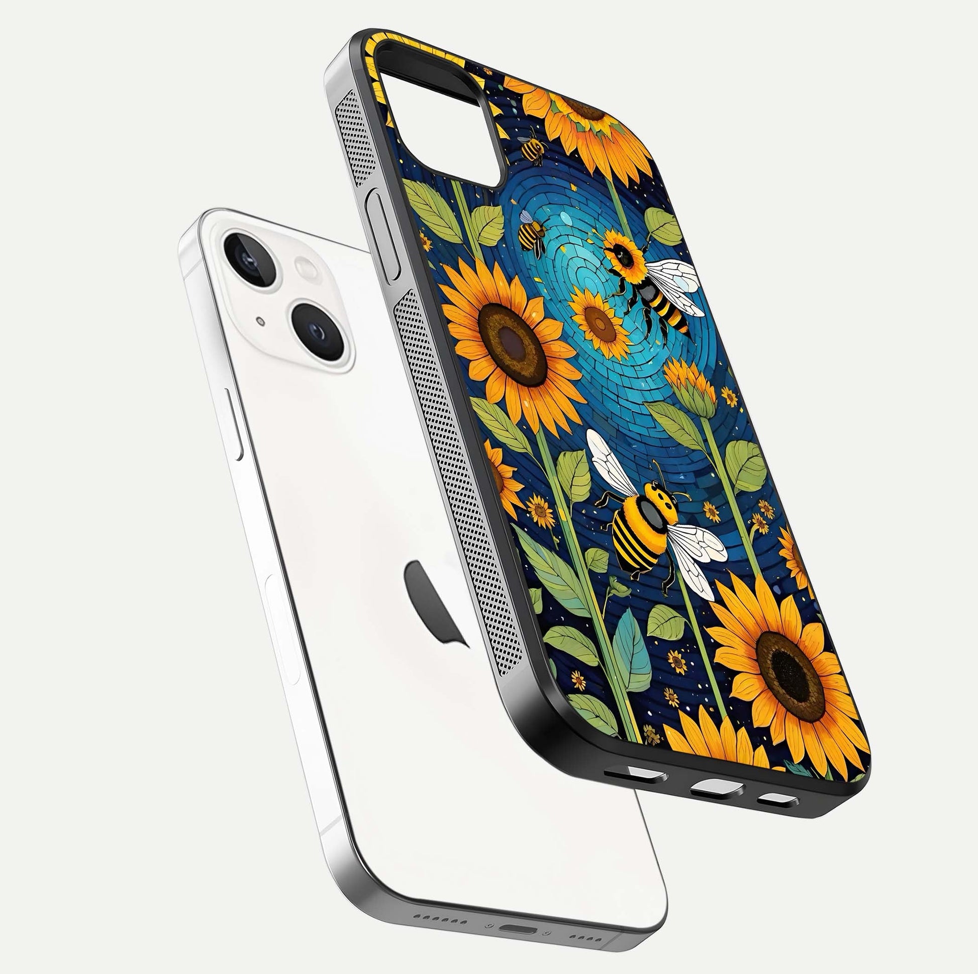 Bees & Sunflowers Glass Case for iPhone 16 Pro floating dual-view mockup displaying vibrant yellow tones and gloss texture