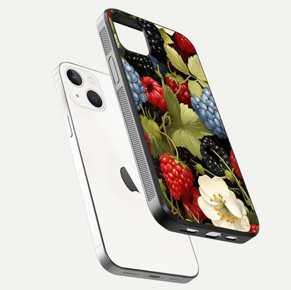 Berry Bloom Charm Glass Case for iPhone 16 Pro floating mockup capturing glossy reflection and curved-edge finish