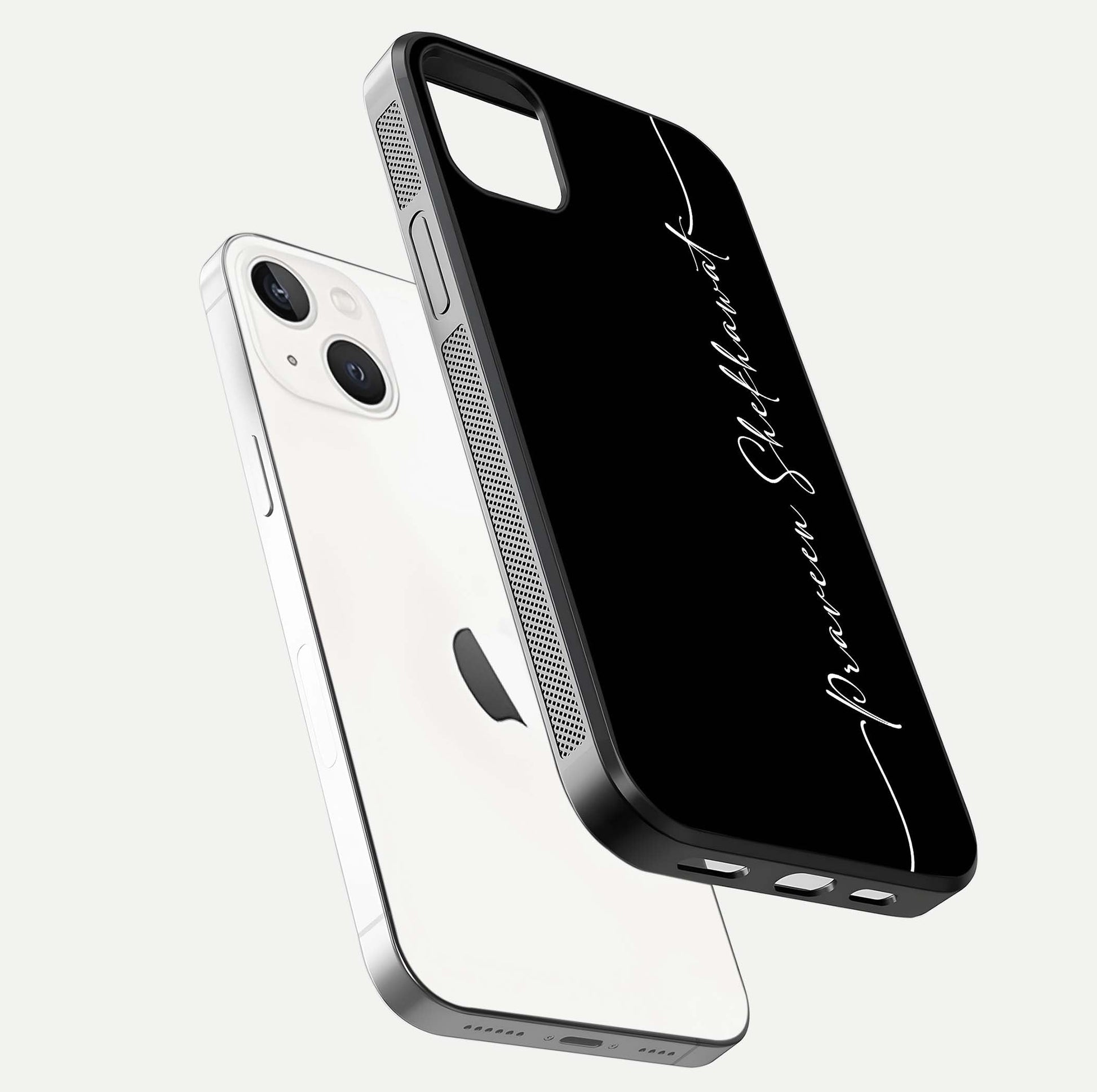 Black Tune Custom Name Glass Case for iPhone 14 Plus floating dual-view mockup emphasizing modern glossy texture