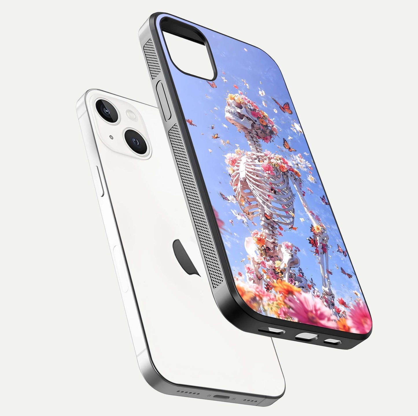 Bloom Beyond Bones Glass Case for iPhone 14 Plus floating mockup displaying shine, texture, and gloss detail