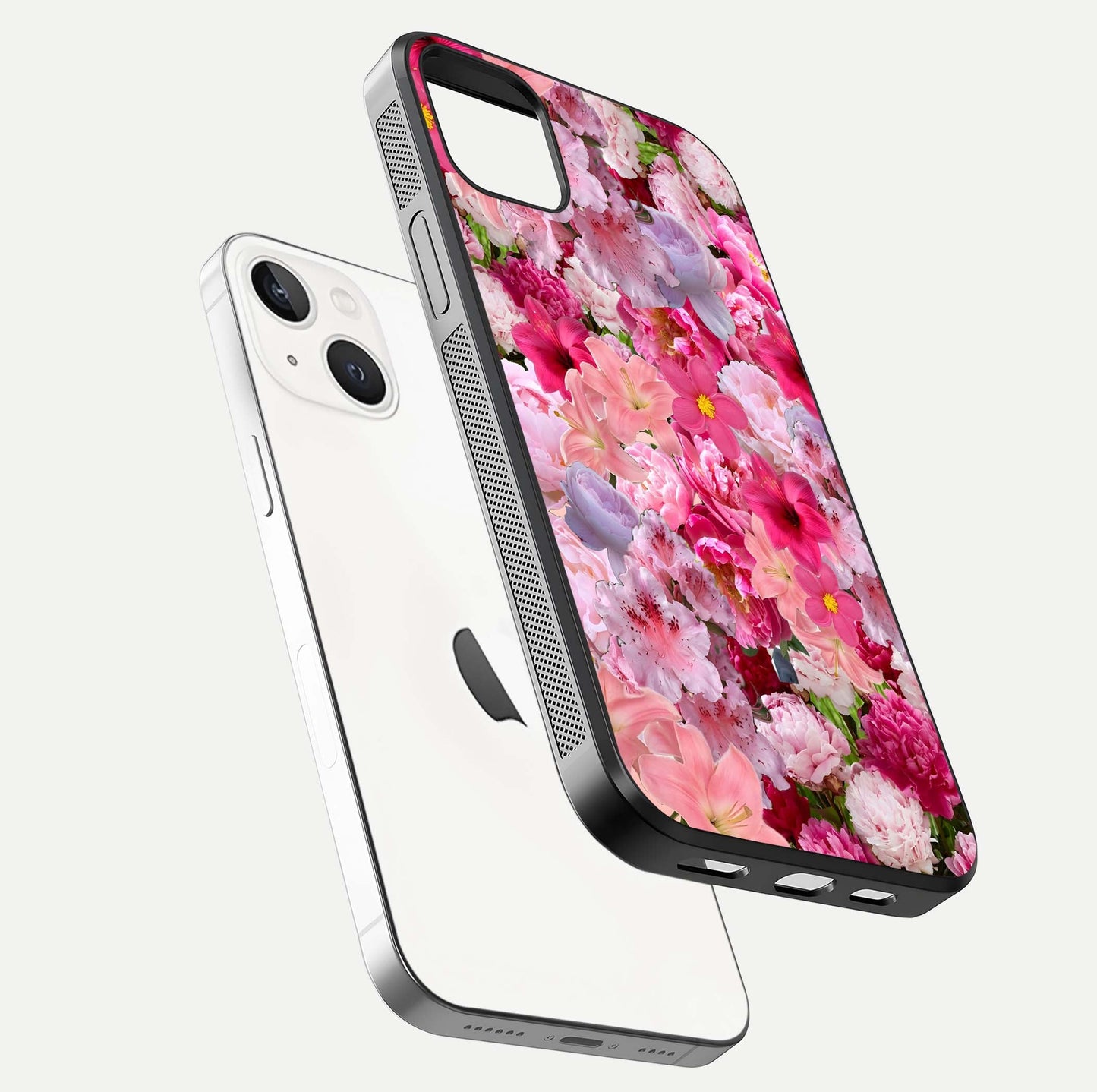 Bloom Crush Fantasy Glass Case for iPhone 16 Pro floating mockup showing floral pattern clarity and HD glass