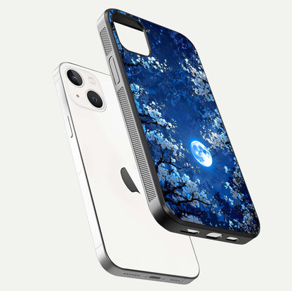 Blossom Moonlight Sky Glass Case for iPhone 16 Pro floating mockup showing glowing moon accent and HD gloss texture