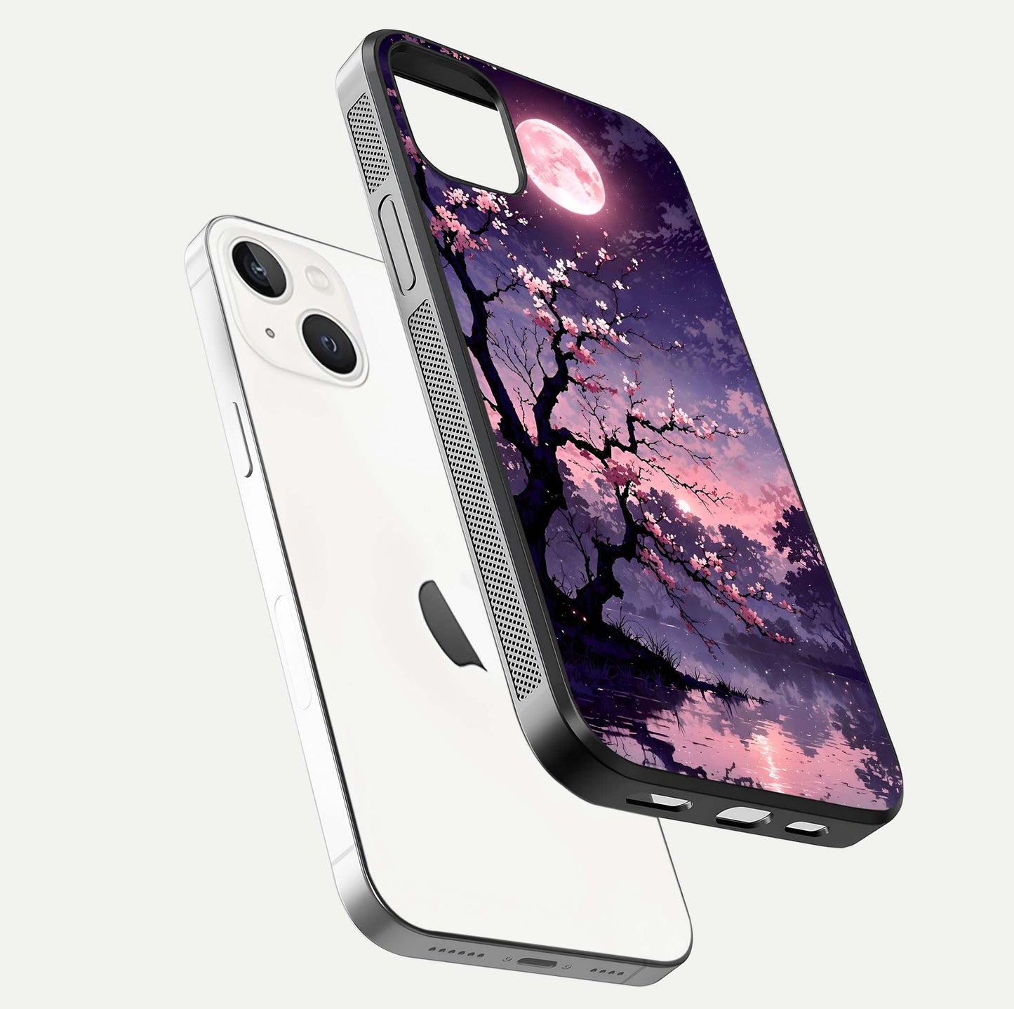 Blossom Pink Moon Glass Case for iPhone 14 Plus floating mockup emphasizing dreamy pink moon aura and smooth finish