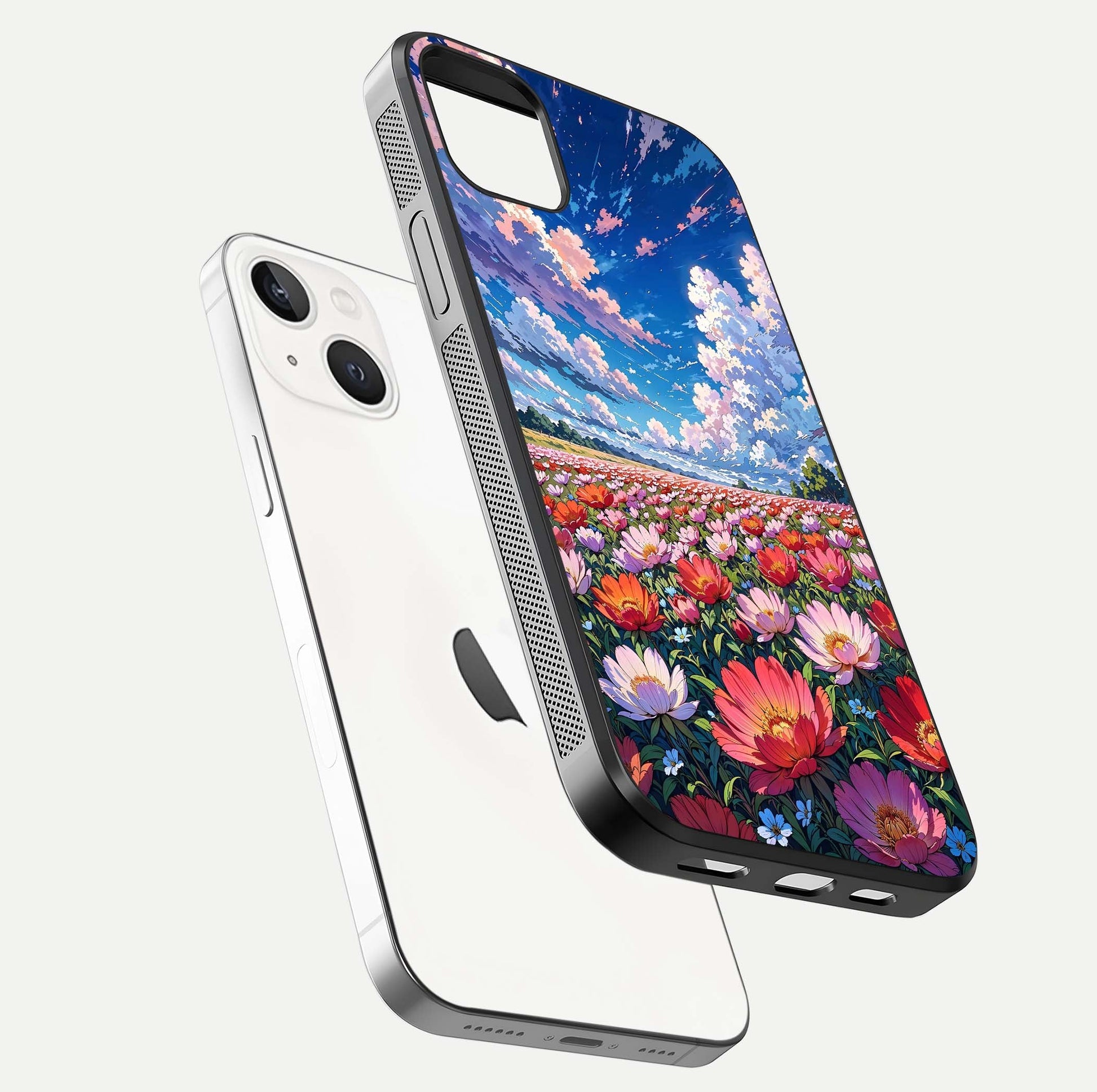 Blossom Sky Field Glass Case for iPhone 14 Plus floating mockup displaying sky bloom concept with smooth finish