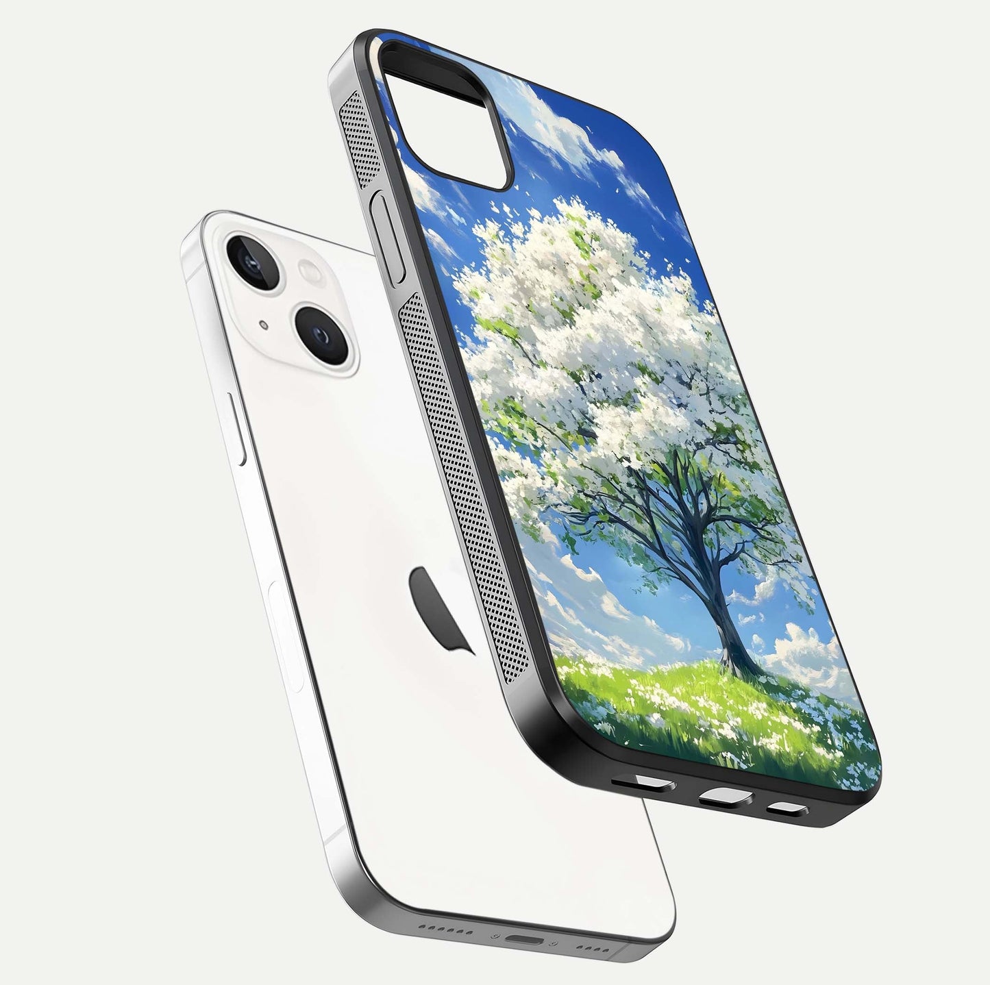 Blossom Sky Serenity Glass Case for iPhone 16 Pro floating mockup capturing gloss surface and tranquil design
