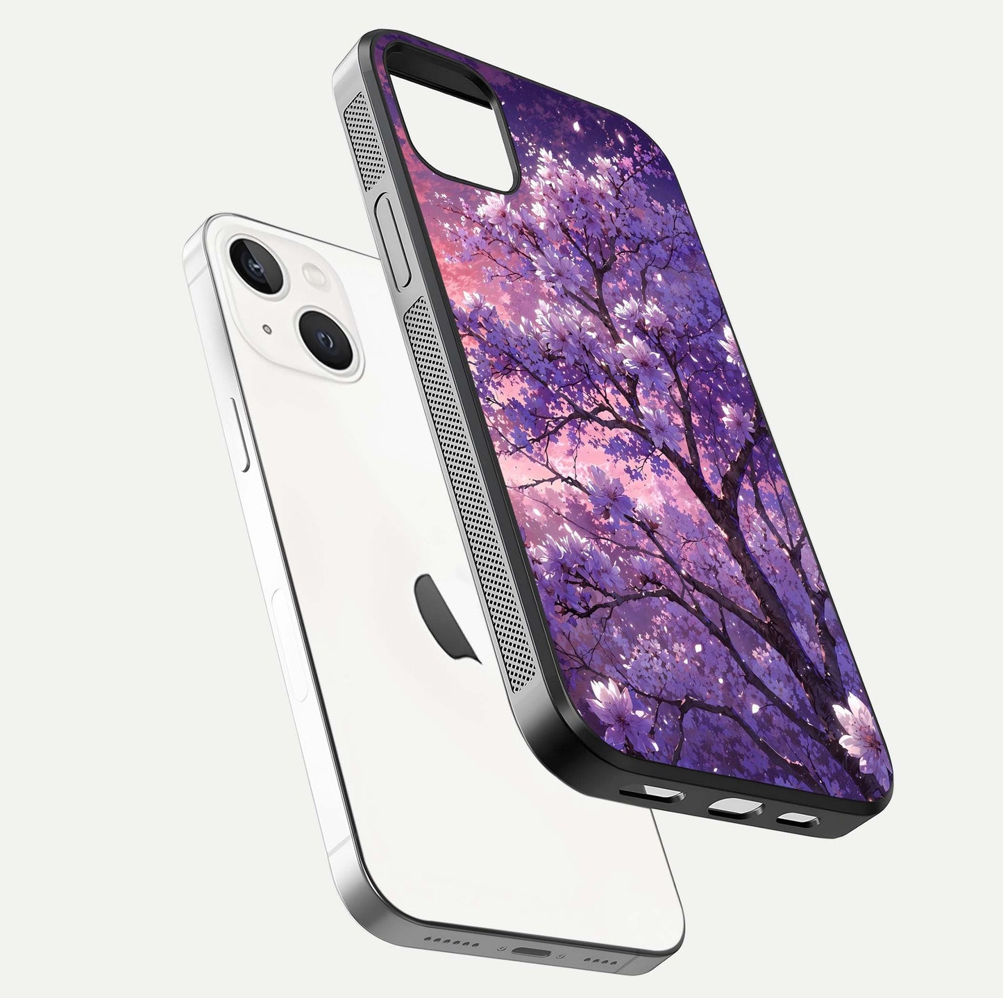 Blossom Tree Glass Case for iPhone 16 Pro floating dual-mockup displaying texture detail and curved edges