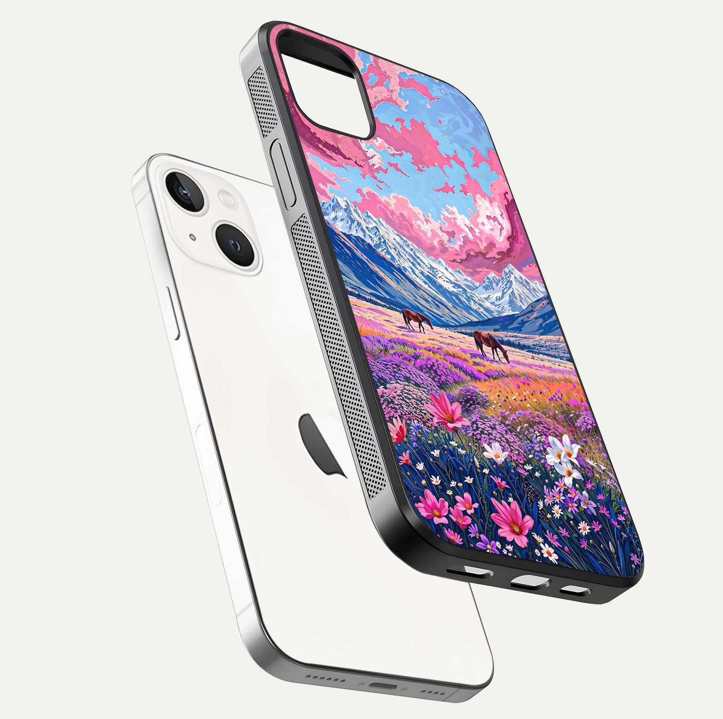 Blossom Valley Dream Glass Case for iPhone 14 Plus floating mockup showing floral valley blend and reflective surface