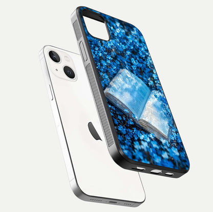 Blue Bloom Tales Glass Case for iPhone 16 Pro floating mockup showing detailed bloom and reflective surface
