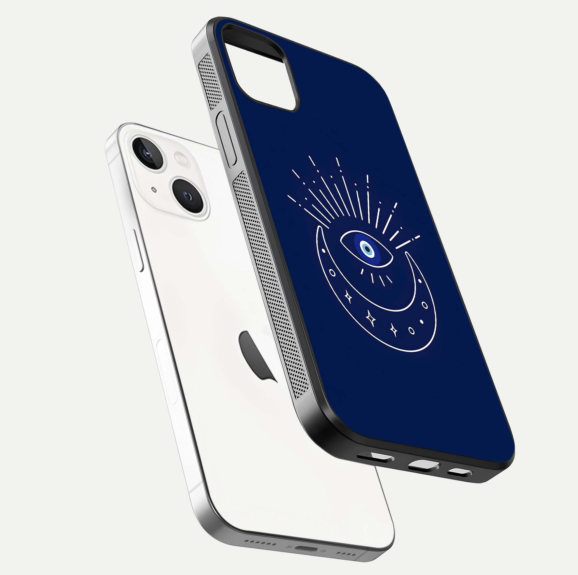 Blue Evil Eye Glass Case for iPhone 16 Pro floating mockup displaying glossy protection and spiritual artwork