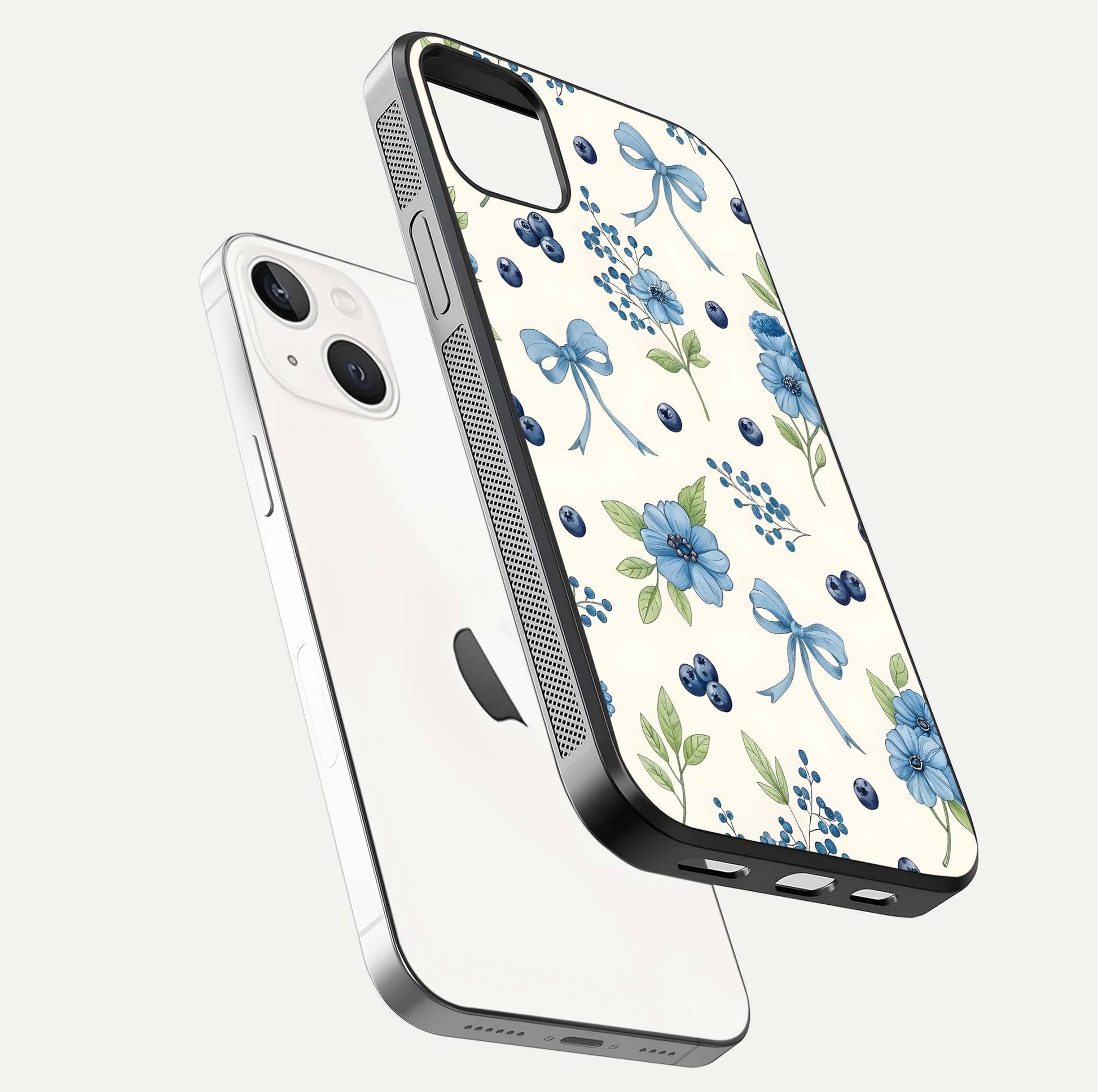 Blue Flower & Bow Glass Case for iPhone 14 Plus floating mockup capturing gloss reflection and girly aesthetic