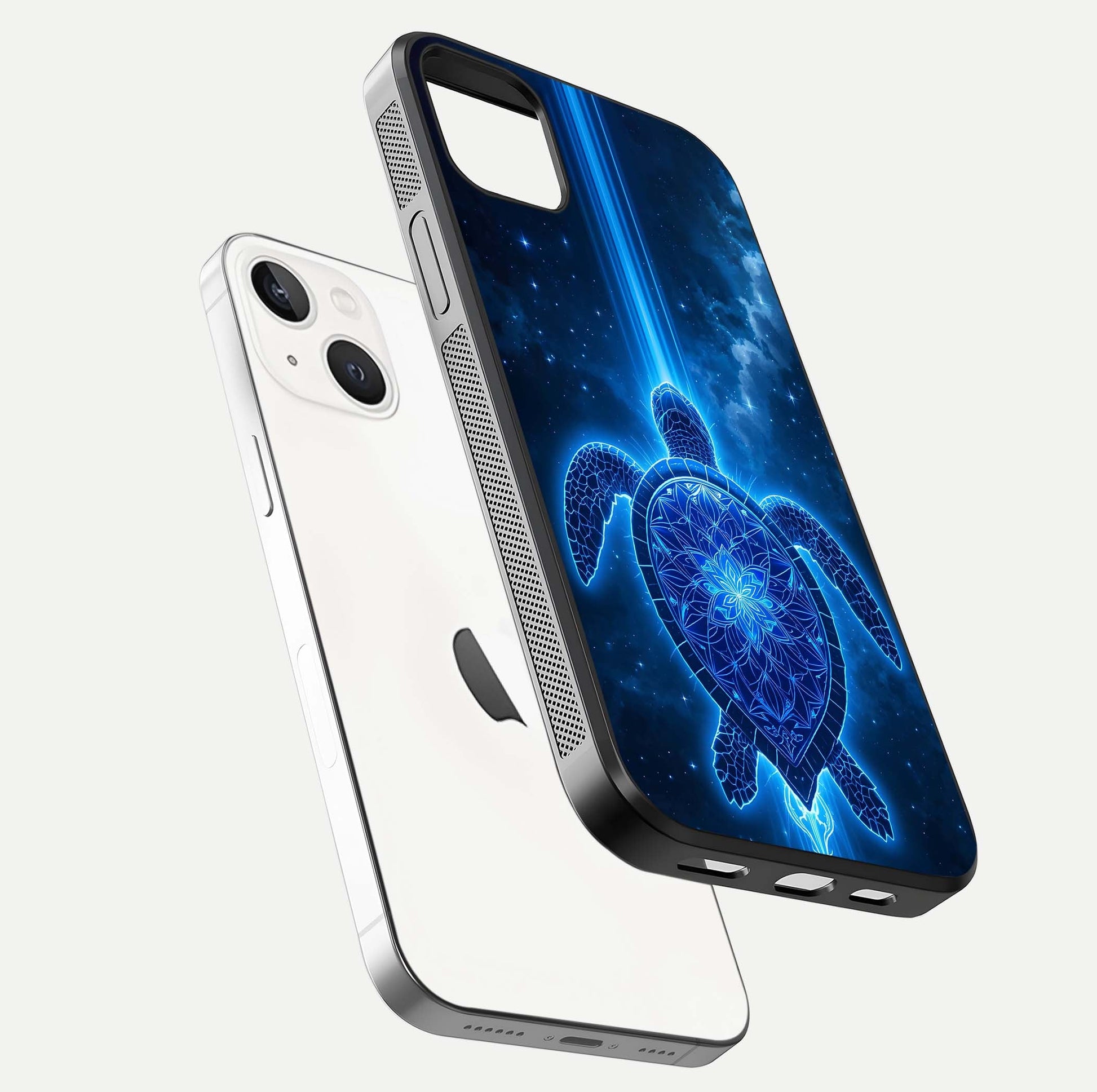 Blue Galaxy Turtle Glass Case for iPhone 14 Plus floating dual-mockup showing gloss depth and color transitions