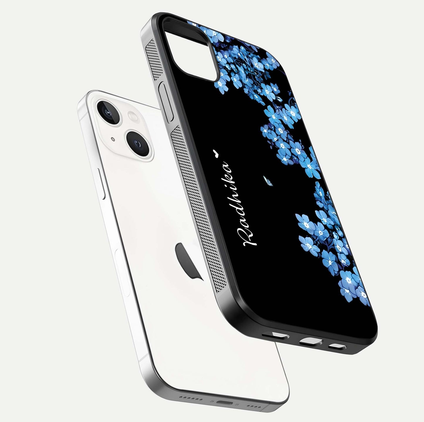 Blue Petal Dream Custom Name Glass Case for iPhone 14 Plus floating mockup capturing floral tones and glass shine