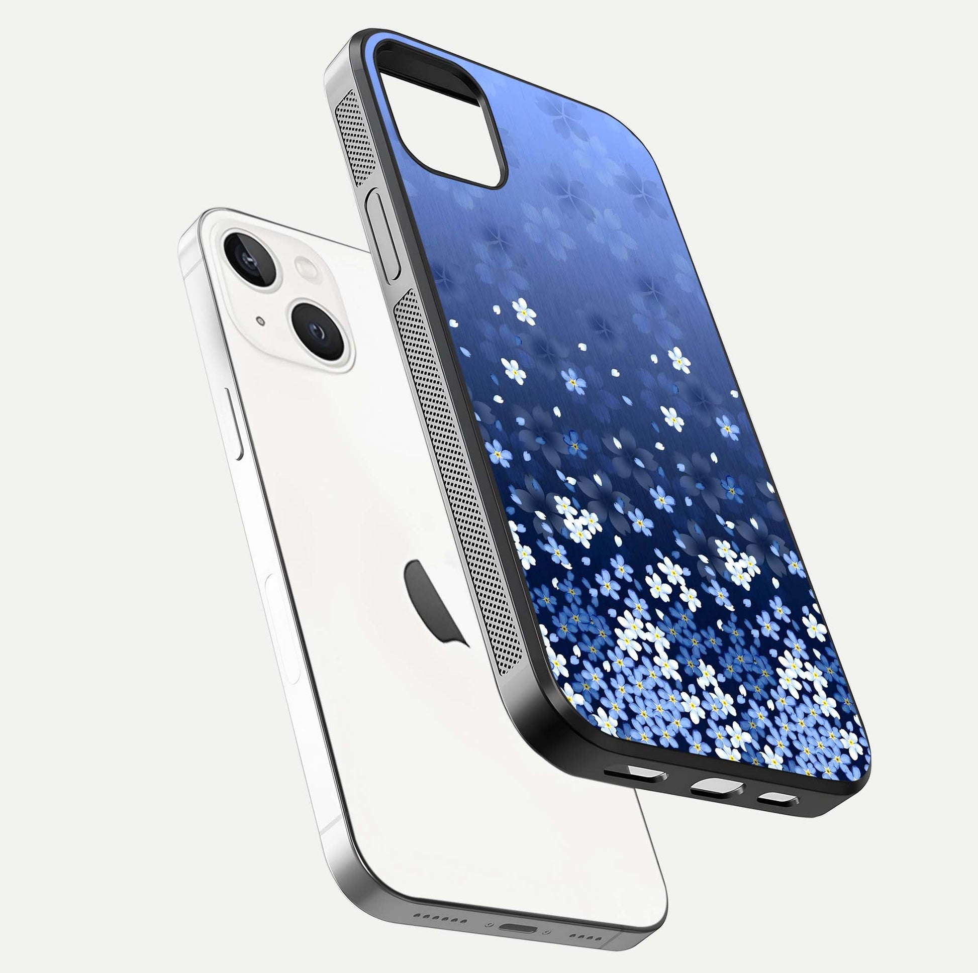 Blue Starry Glass Case for iPhone 14 Plus floating mockup capturing cosmic tone and HD gloss texture