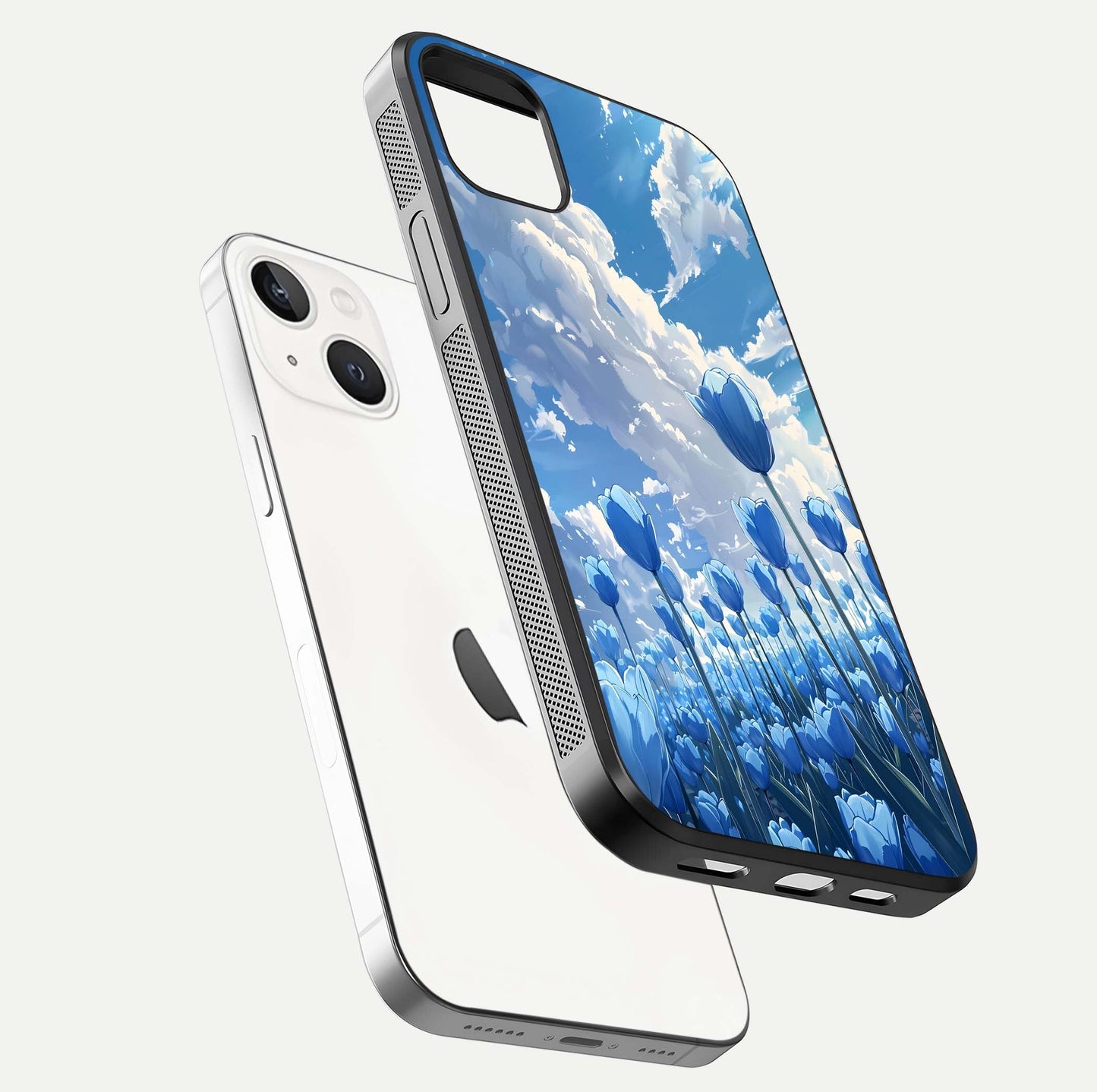 Blue Tulip Clouds Glass Case for iPhone 14 Plus floating mockup displaying tulip-cloud fusion art and smooth glass gloss