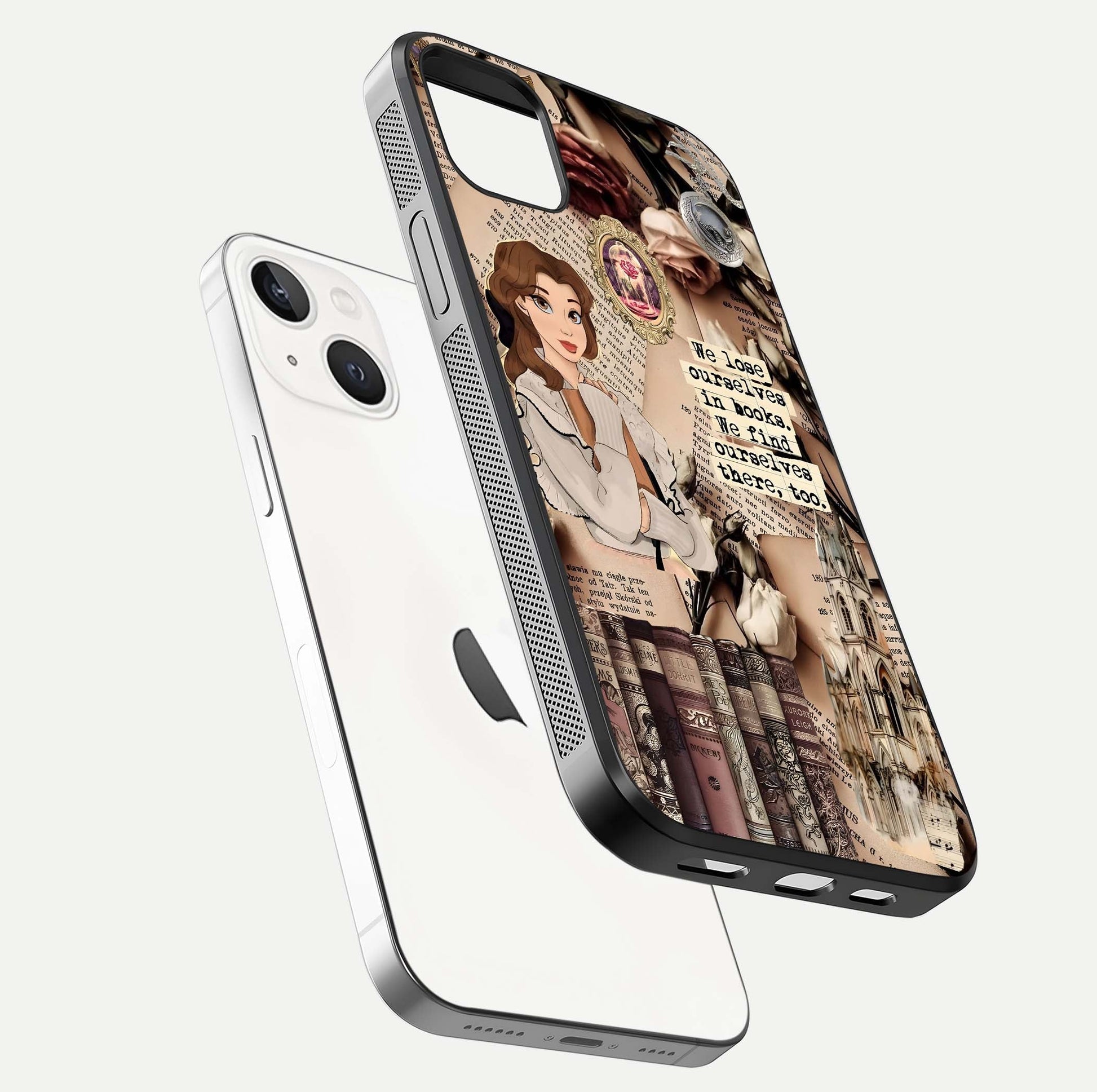 Bookish Dream World Glass Case for iPhone 14 Plus floating mockup capturing gloss shine and artistic balance