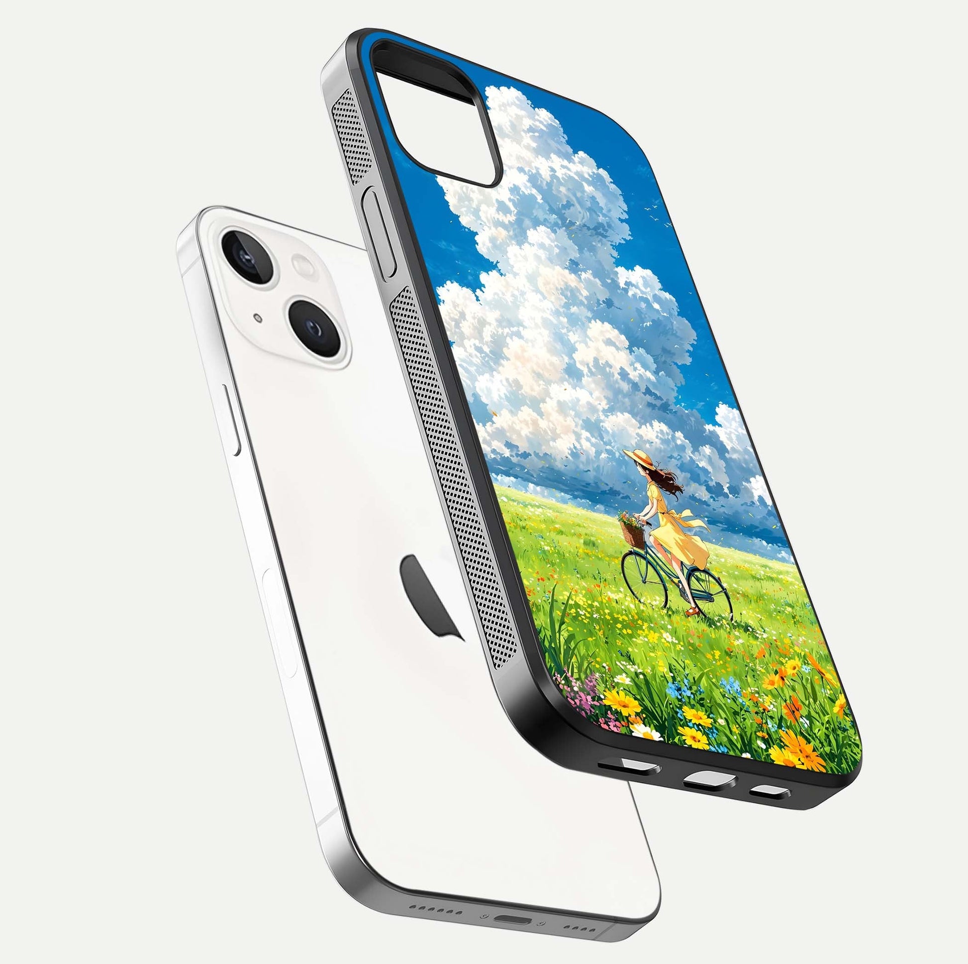 Breezy Meadow Ride Glass Case for iPhone 14 Plus floating mockup capturing serene tones and smooth finish