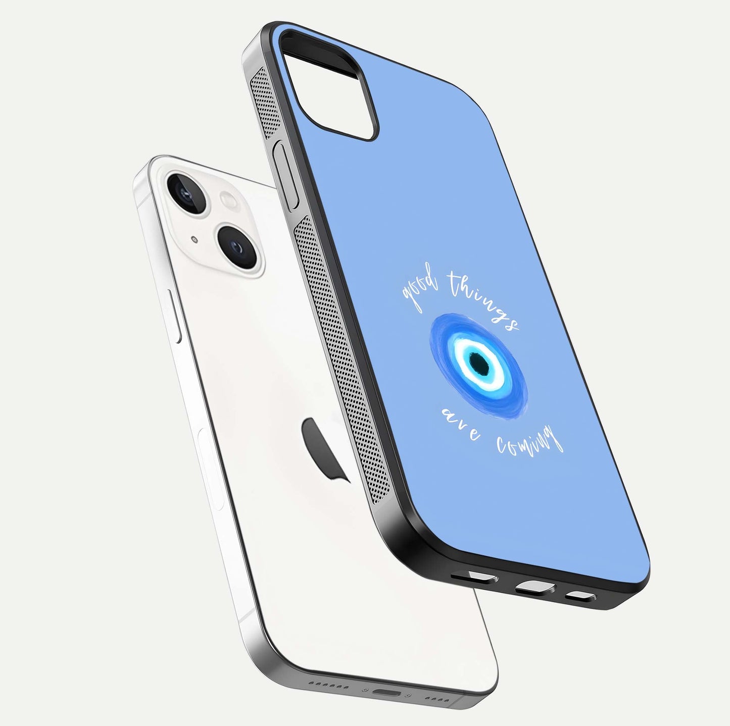 Bright Future Ahead Glass Case for iPhone 14 Plus floating mockup showing sleek design and positive quote print