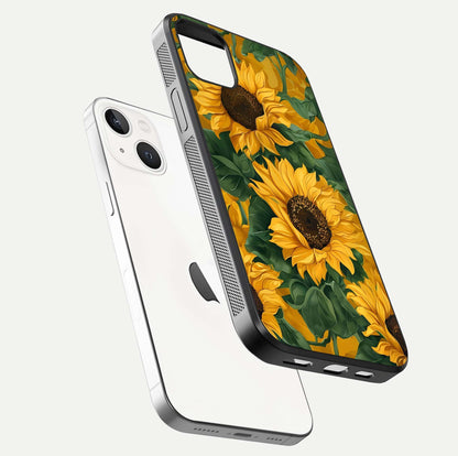 Bright Sunflower Bloom Glass Case for iPhone 14 Plus floating mockup capturing vibrant tones and gloss surface