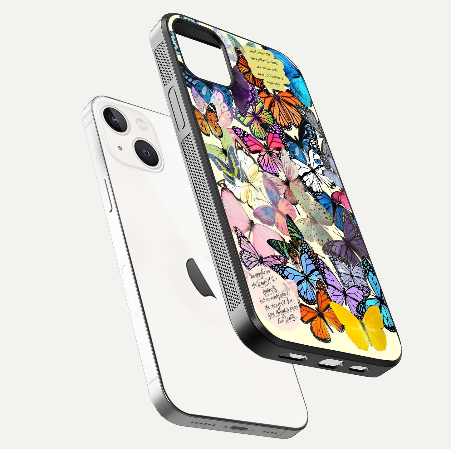 Butterflies Petal Dream Glass Case for iPhone 14 Plus floating mockup displaying detailed print and premium glass glow