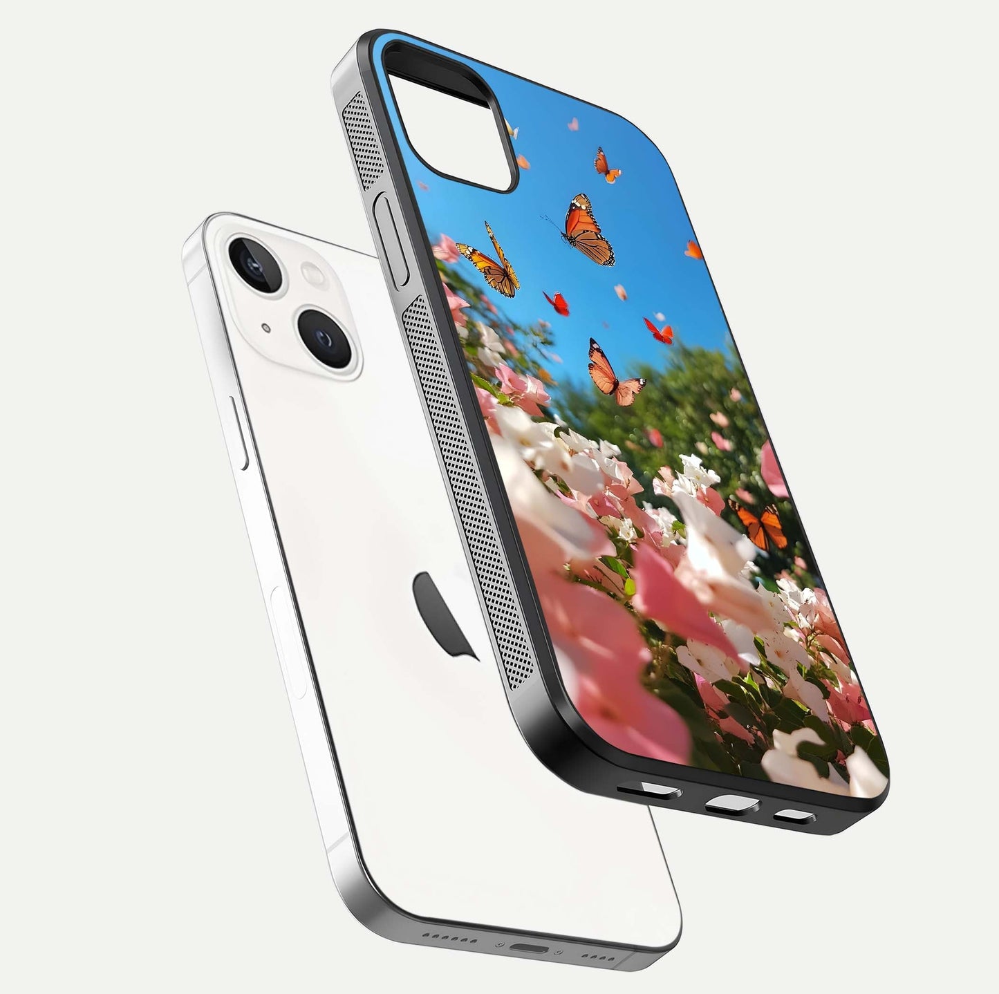 Butterflies in Bloom Sky Glass Case for iPhone 14 Plus floating mockup capturing butterfly motion and edge design