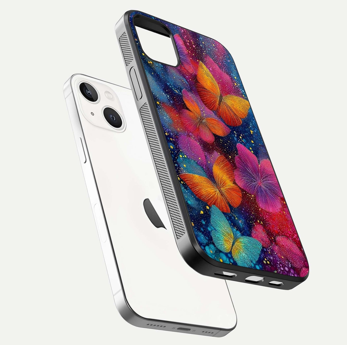 Butterfly Dream Mist Glass Case for iPhone 14 Plus floating mockup displaying glass shine and ethereal art depth