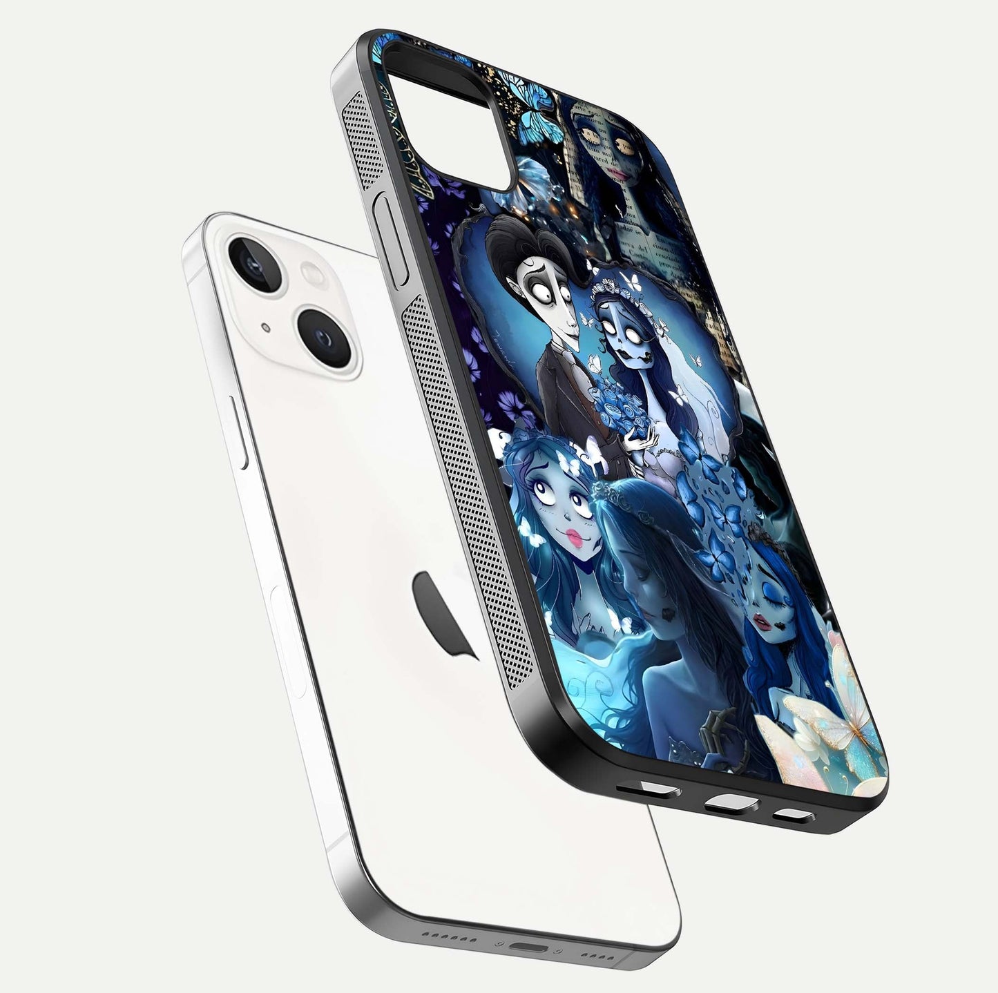 Butterfly Ghost Soul Glass Case for iPhone 14 Plus floating mockup showcasing spirit-like butterfly detail and gloss