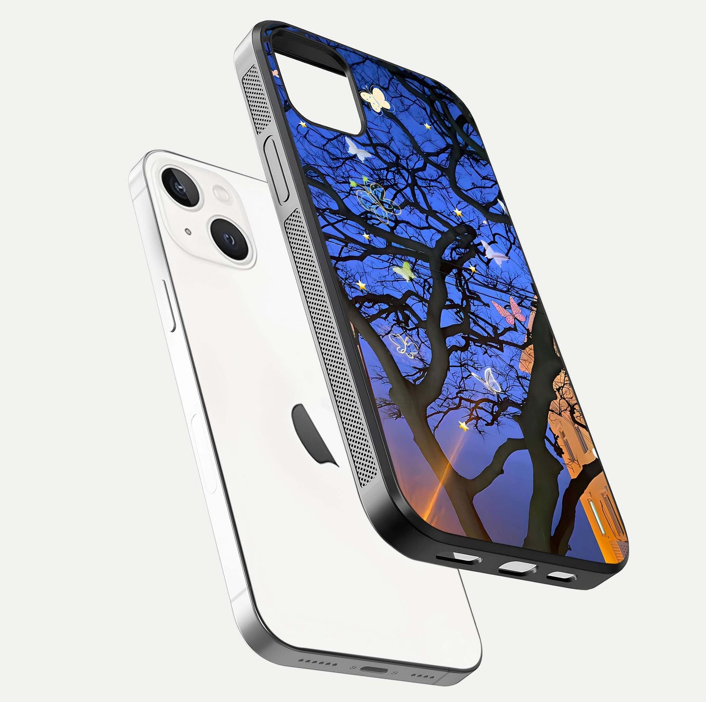 Butterfly Night Magic Glass Case for iPhone 14 Plus floating mockup showing night glow and smooth polish